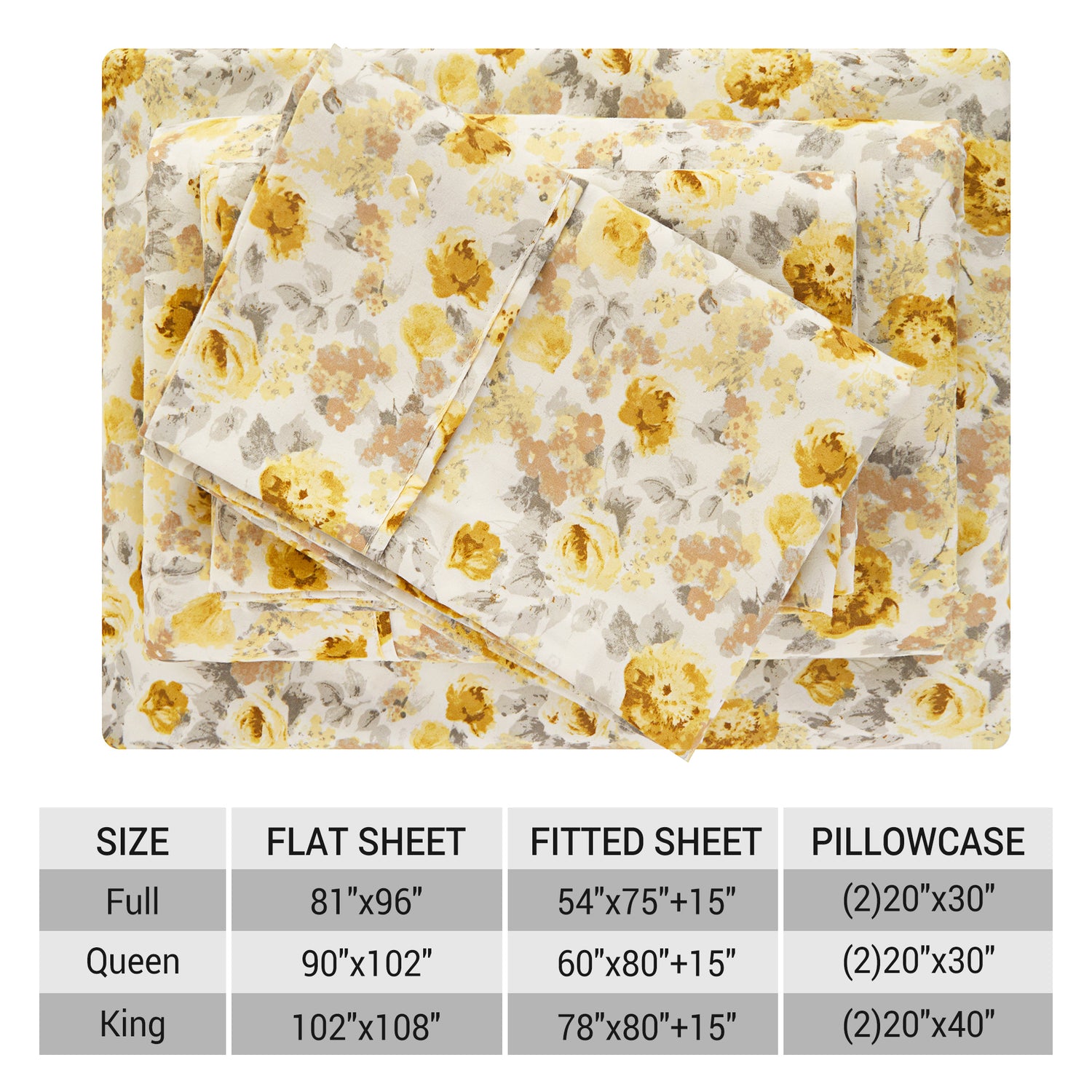 4 Pieces Grey and Yellow Flower Bed Sheet Set