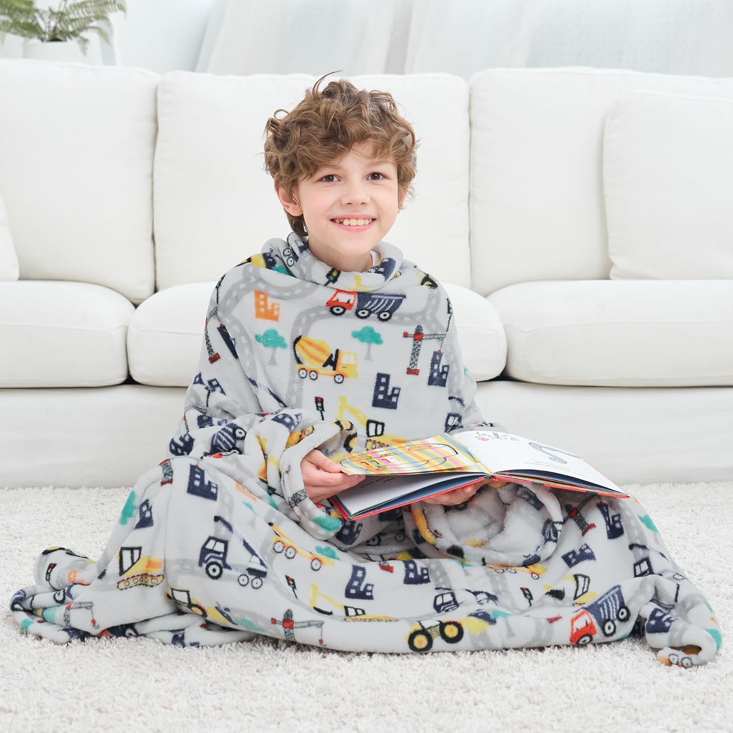 Truck Kids Snuggies Wearable Fleece Blanket with Sleeves & Foot Pocket for Kids Boys Girls,Lightweight Soft Blanket with Hook & Loop 48" x 48"
