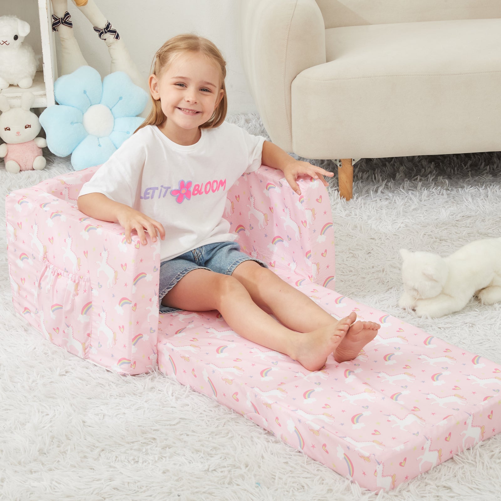 Pink Unicorn 2-in-1 Soft Toddler Couch Fold Out