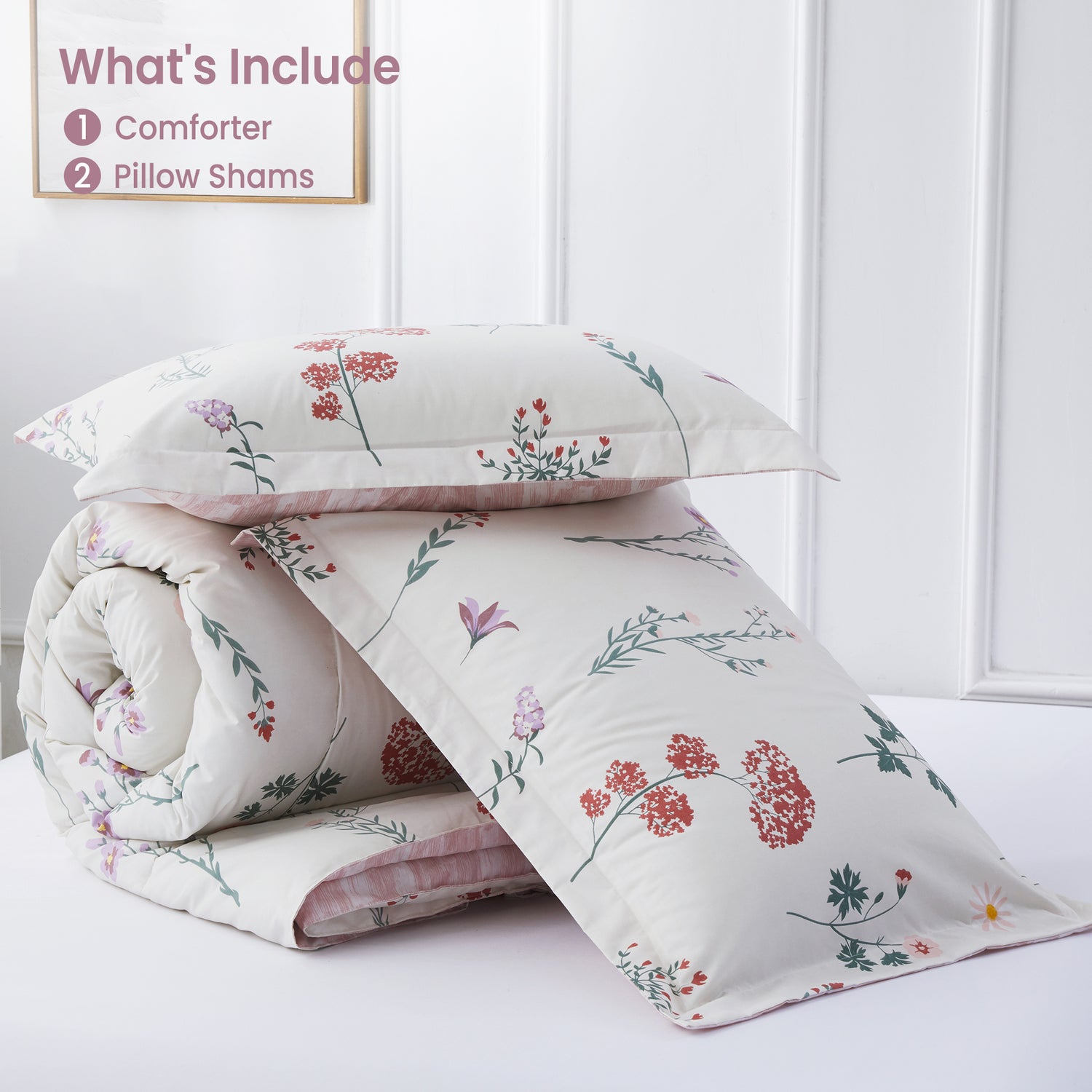 Conjunto de edredón de 3 piezas con flores blancas y fundas de almohada 