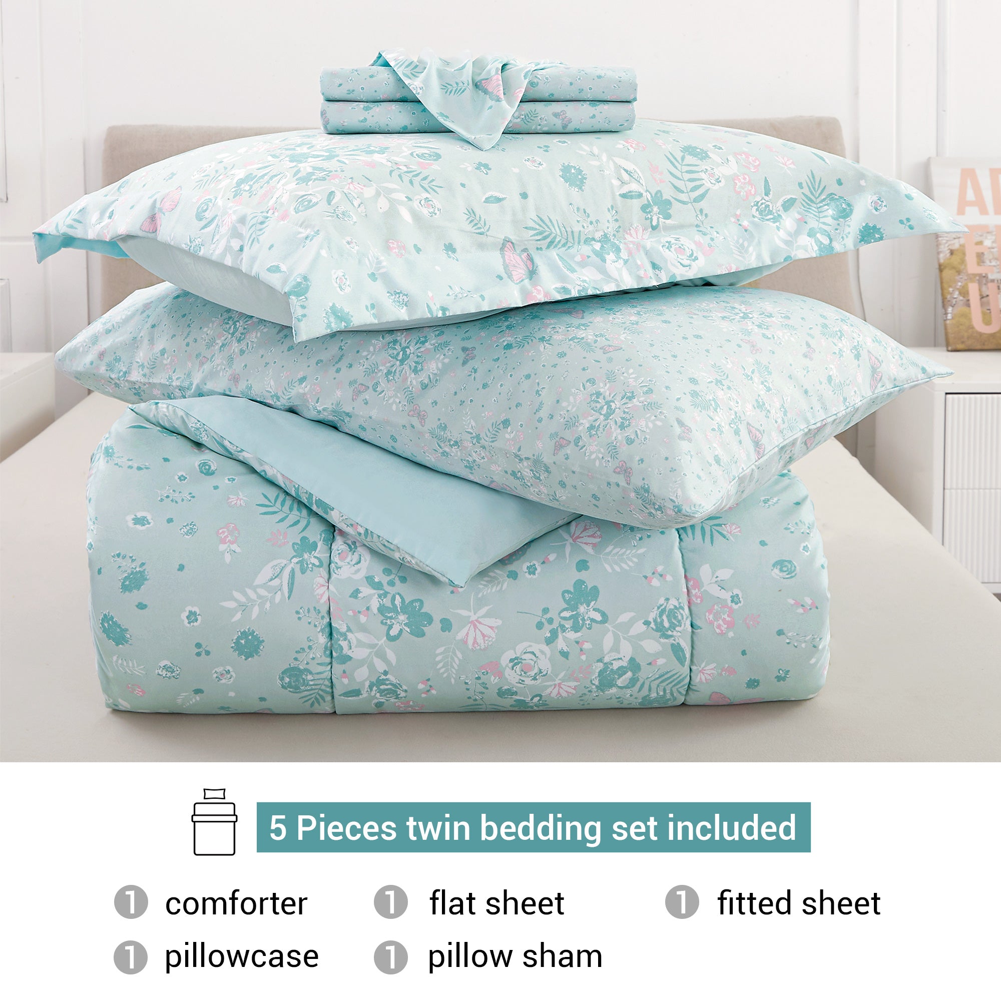 Fairy Tale Floral-Butterfly Bedding Set for Kids-5 or 7 Piece Options
