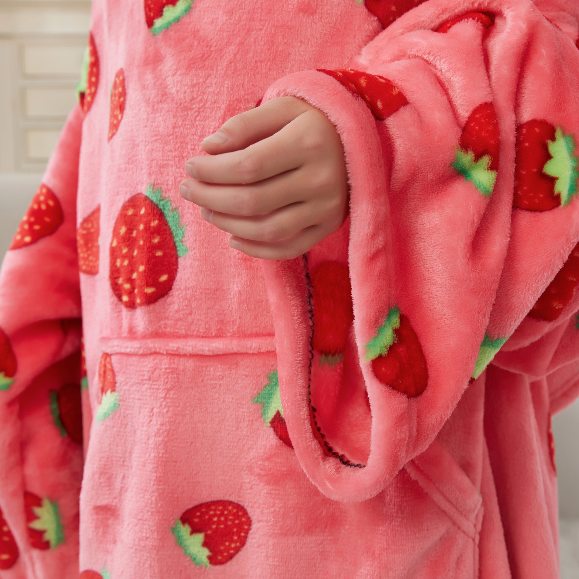 Strawberry Wearable Fleece Blanket with Sleeves & Foot Pocket for Kids