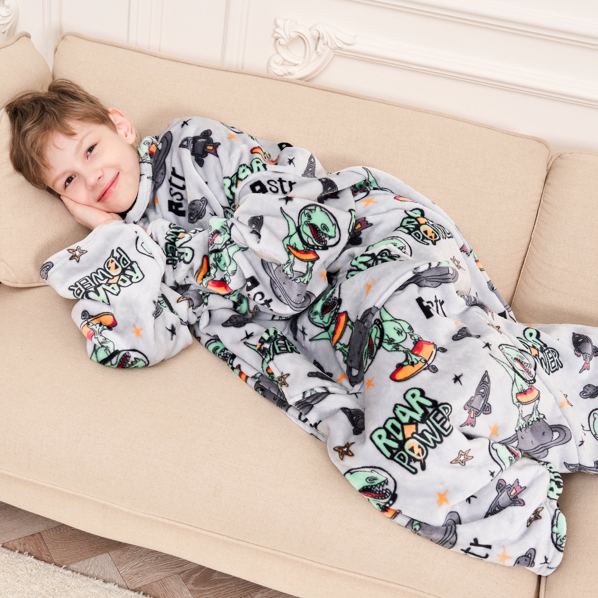 Dinosaur Wearable Fleece Blanket with Sleeves & Foot Pocket for Kids