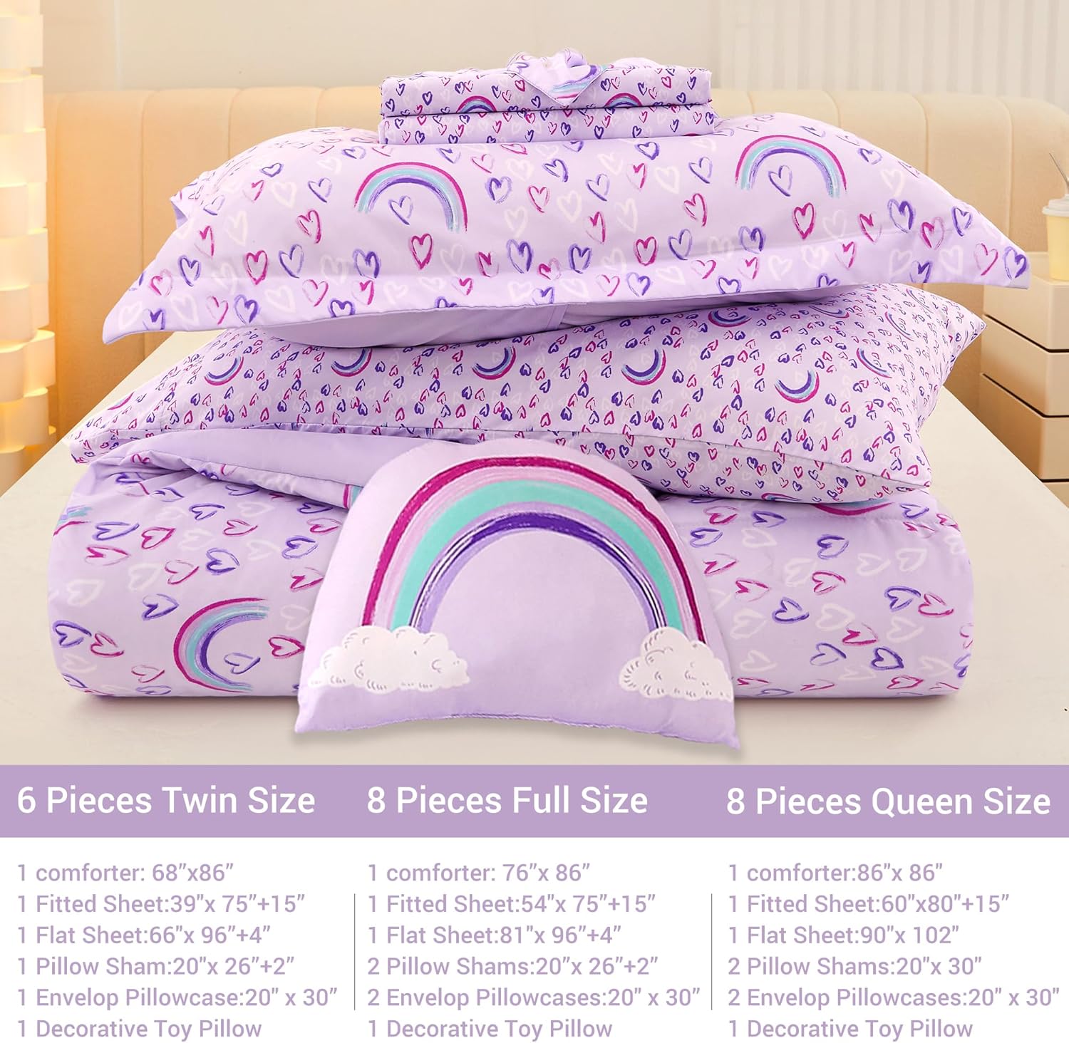 Purple Love Rainbow 6/8 Pcs Comforter Sets for Girls Kids