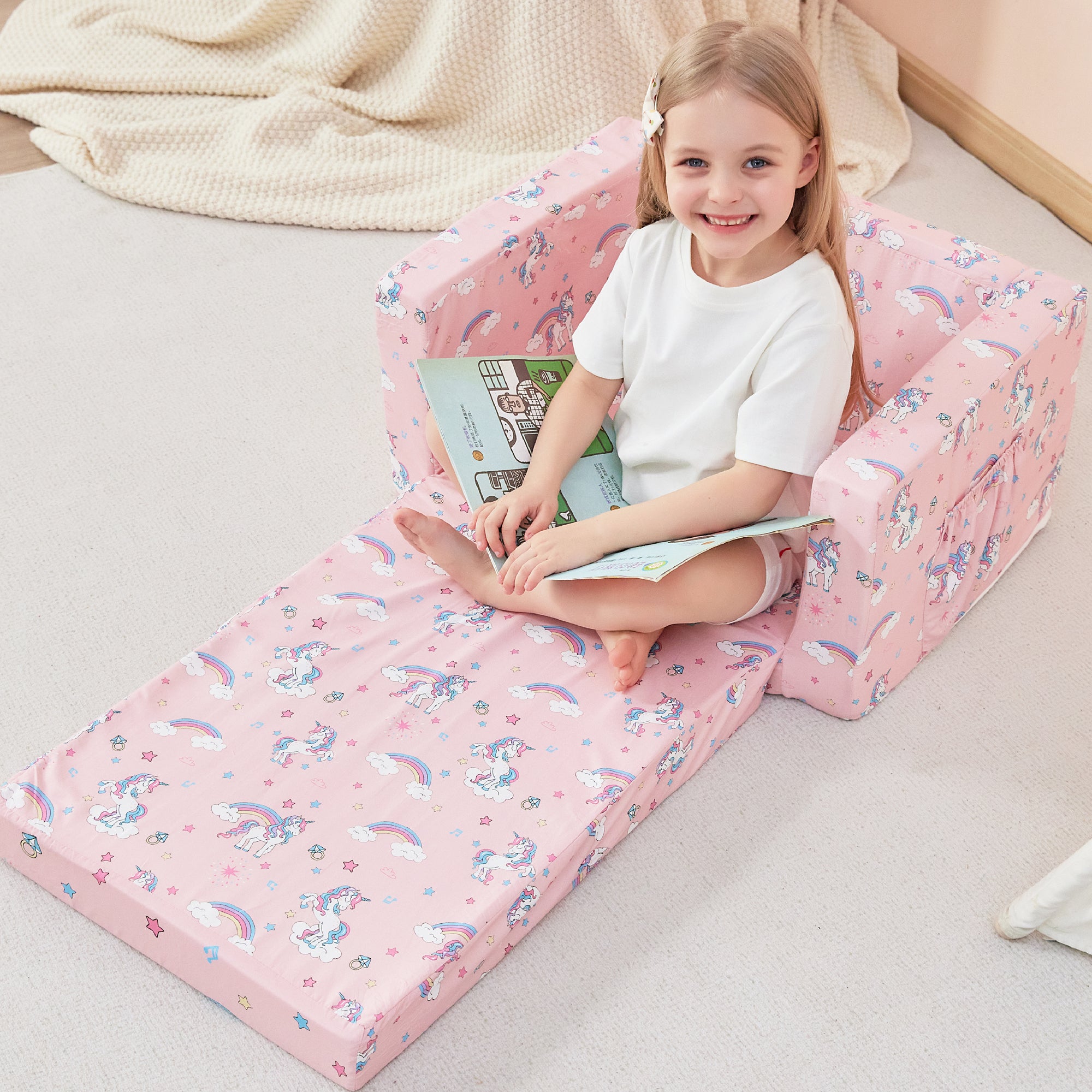 Pink Unicorn  2-in-1  Kids Sofa for Toddler Convertible Sofa to Lounger Bed