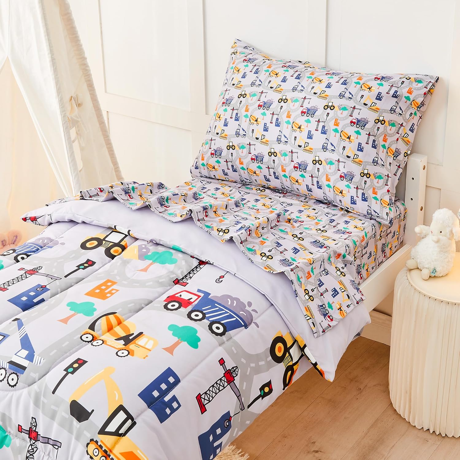 Busy Construction Toddler Comforter Set– 4 Piece