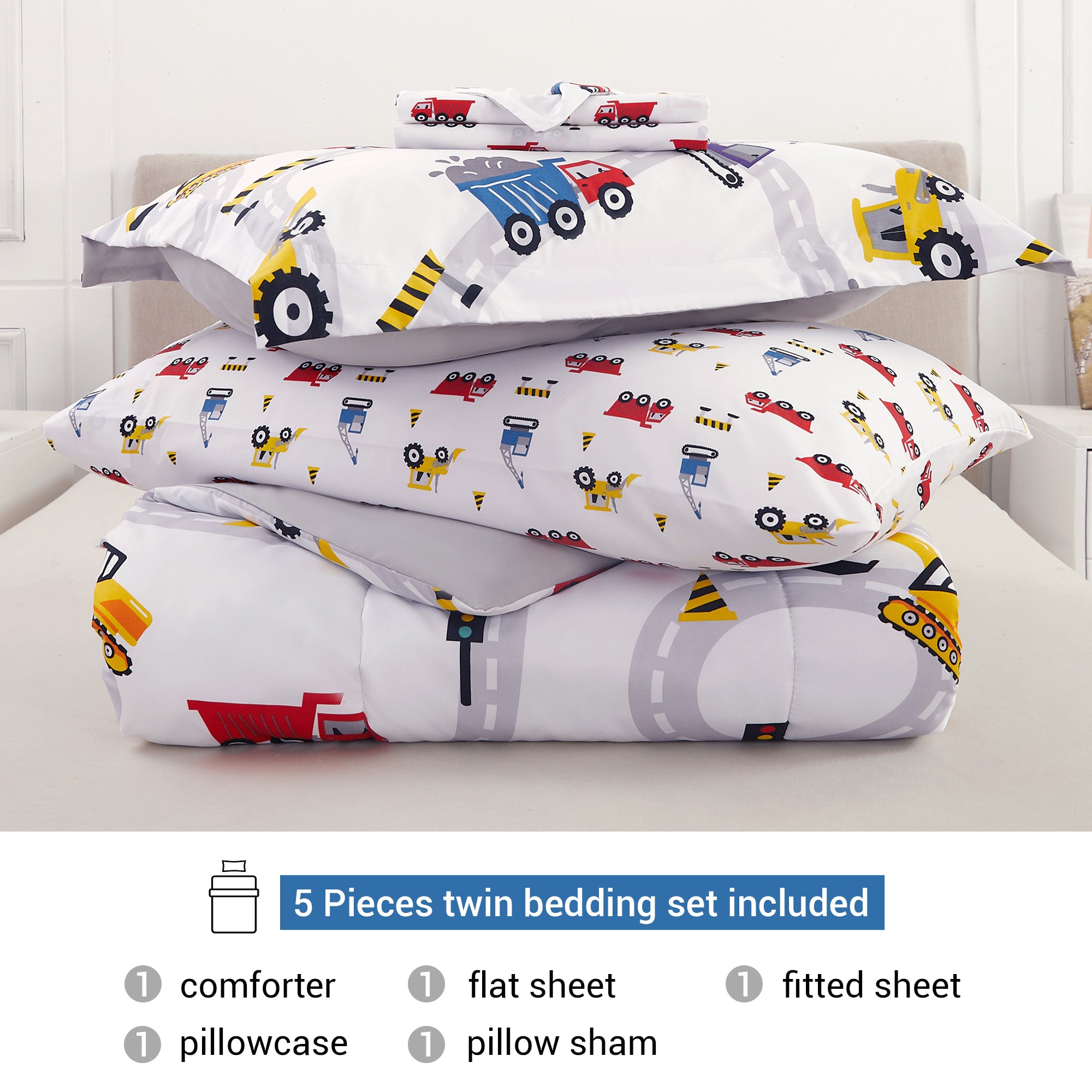 Playful Construction Vehicles bedding Set– 5 or 7 Piece Options