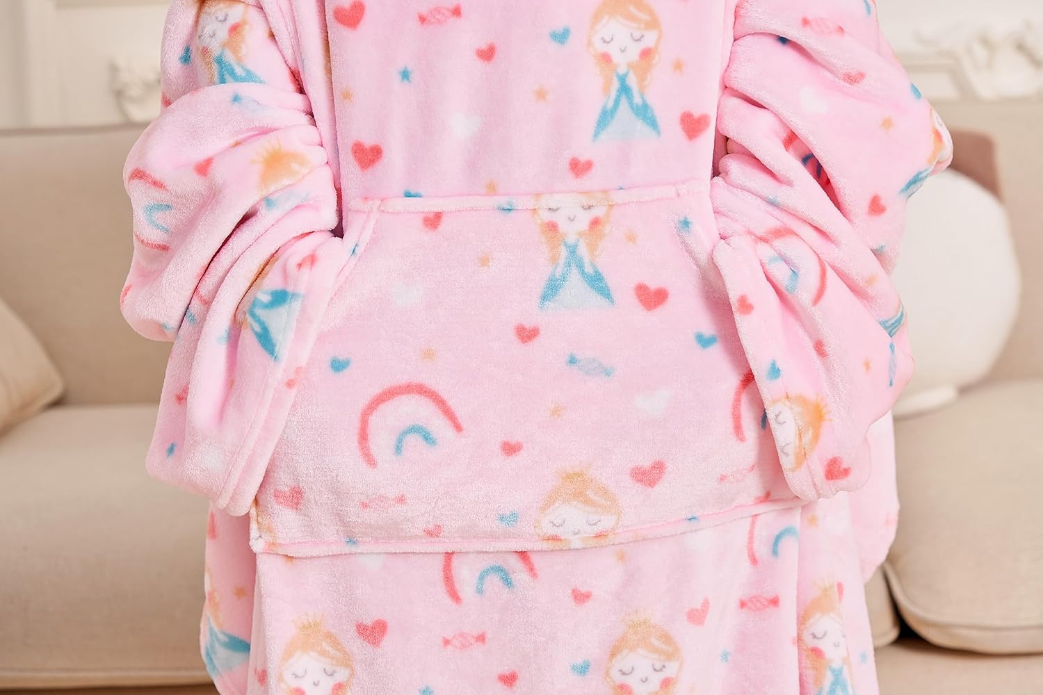 Princess Kids Snuggies Wearable Fleece Blanket with Sleeves & Foot Pocket for Kids Boys Girls Children,Lightweight Soft Blanket with Sleeves and Hook & Loop 48" x 48"