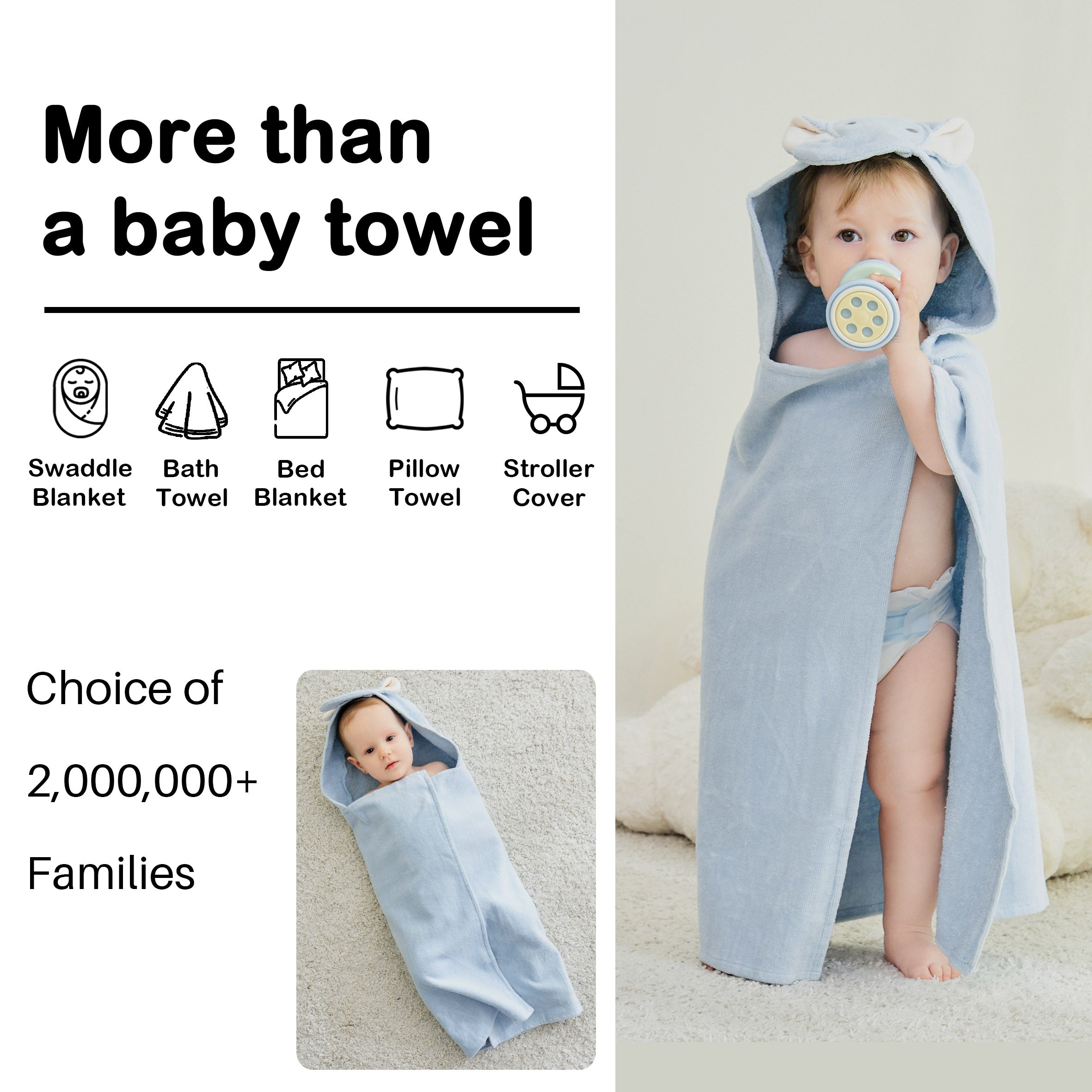 (Blue Elephant & Duck) 2 Pack Cotton Hooded Baby Towels, Extra Thick and Absorbent, 32" * 23"