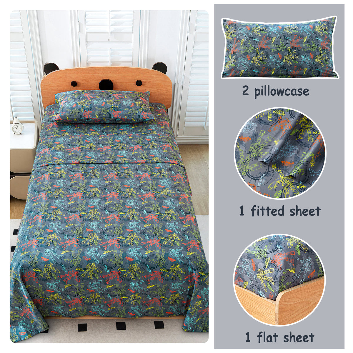 Linear Robot Kids Bed Sheet Set Deep Pocket Double Brushed Microfiber
