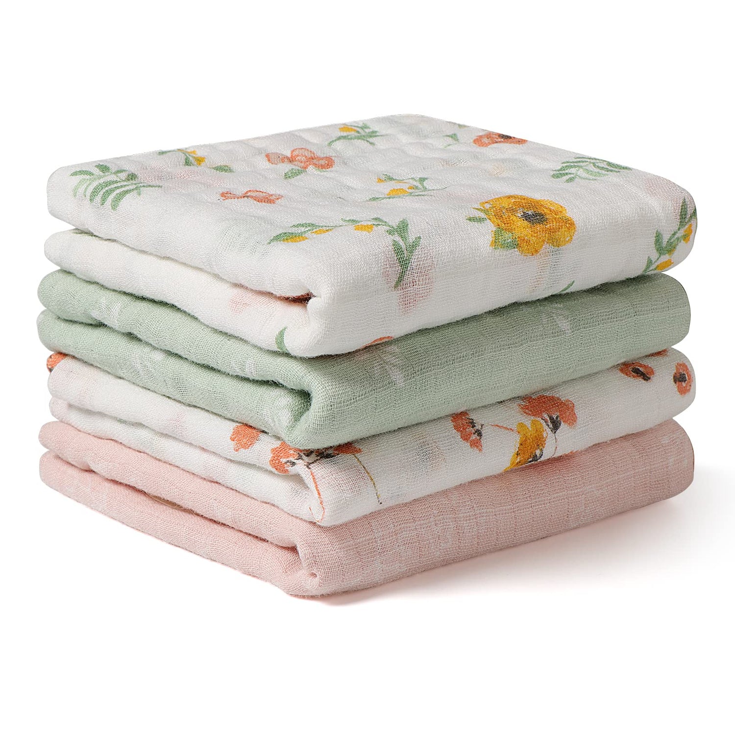 Green Floral Baby Muslin Burp Cloths 10" x 20" 4 Pack