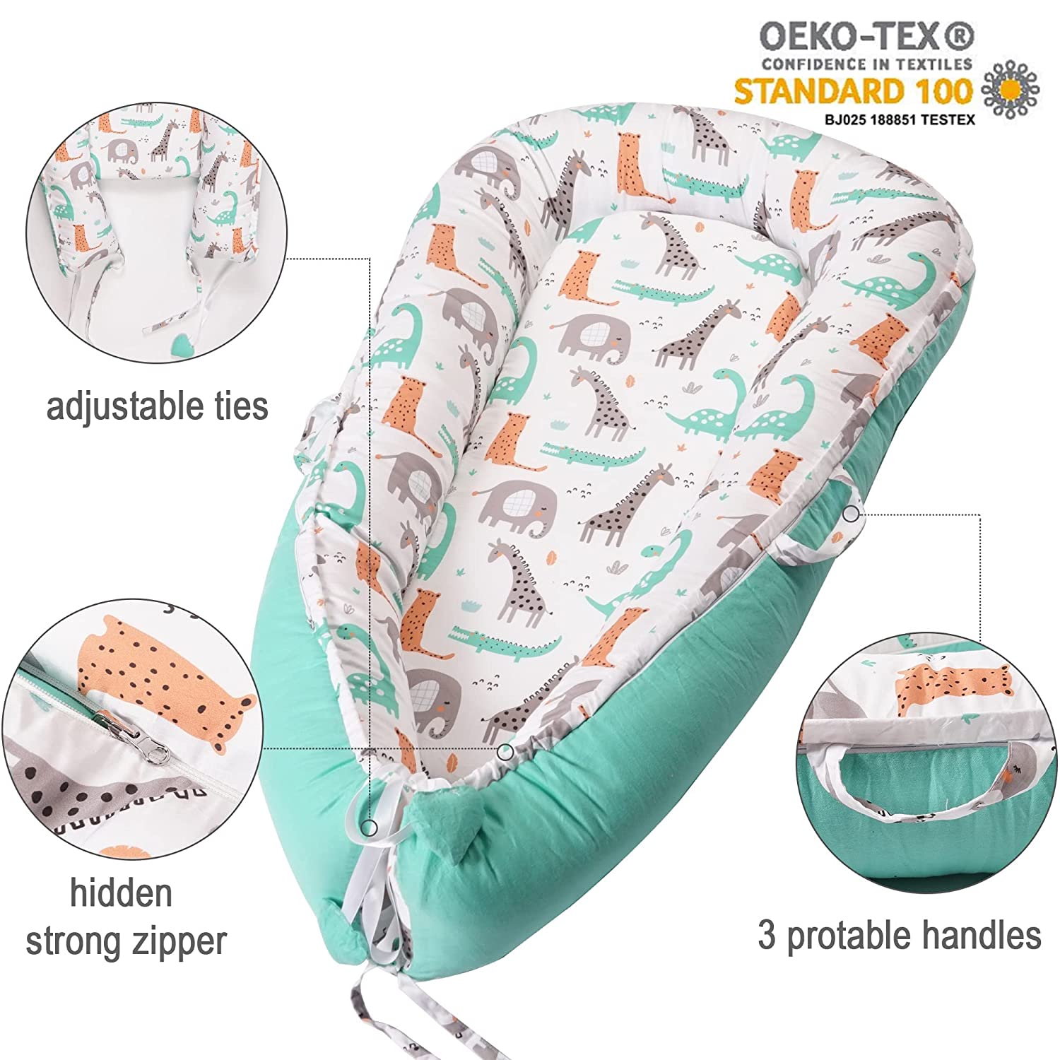 Dinosaur Baby Lounger - Baby Nest Co Sleeper for Baby Bed, Soft & Breathable Portable Cotton Newborn Lounger Nest for Crib Bassinet