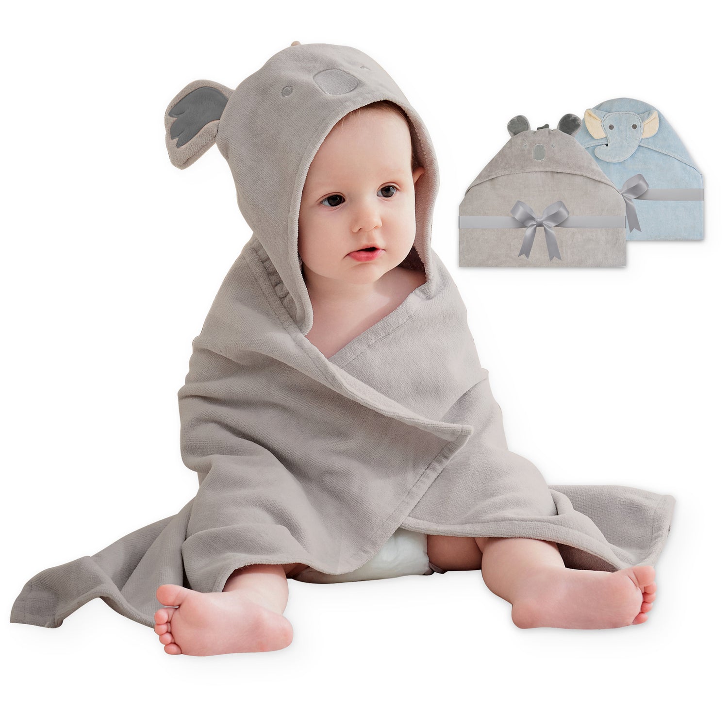 (Blue Elephant & Koala) 2 Pack Cotton Hooded Baby Towels, Extra Thick and Absorbent, 32" * 23"