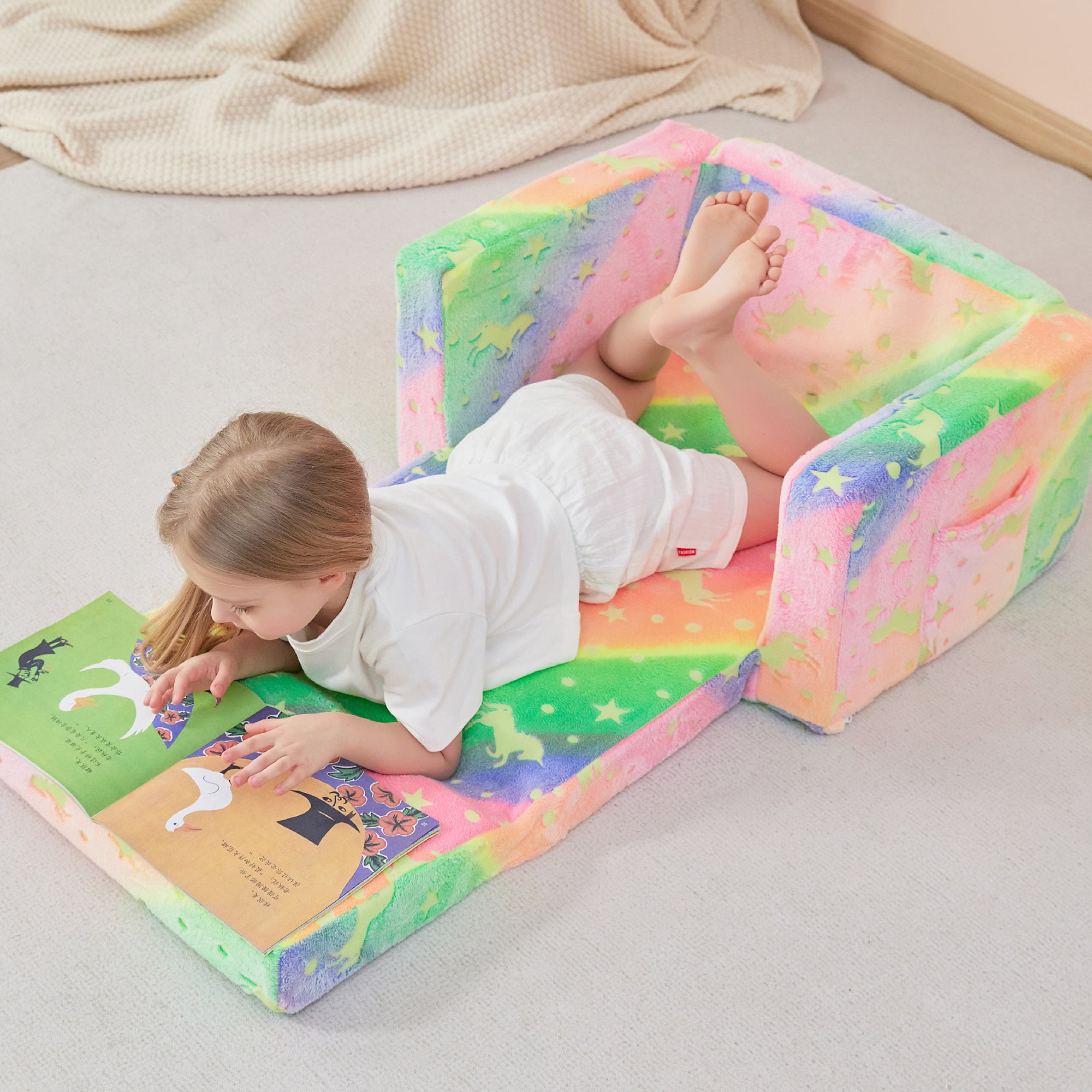 Glow Unicorn 2-in-1  Kids Sofa for Toddler Convertible Sofa to Lounger Bed