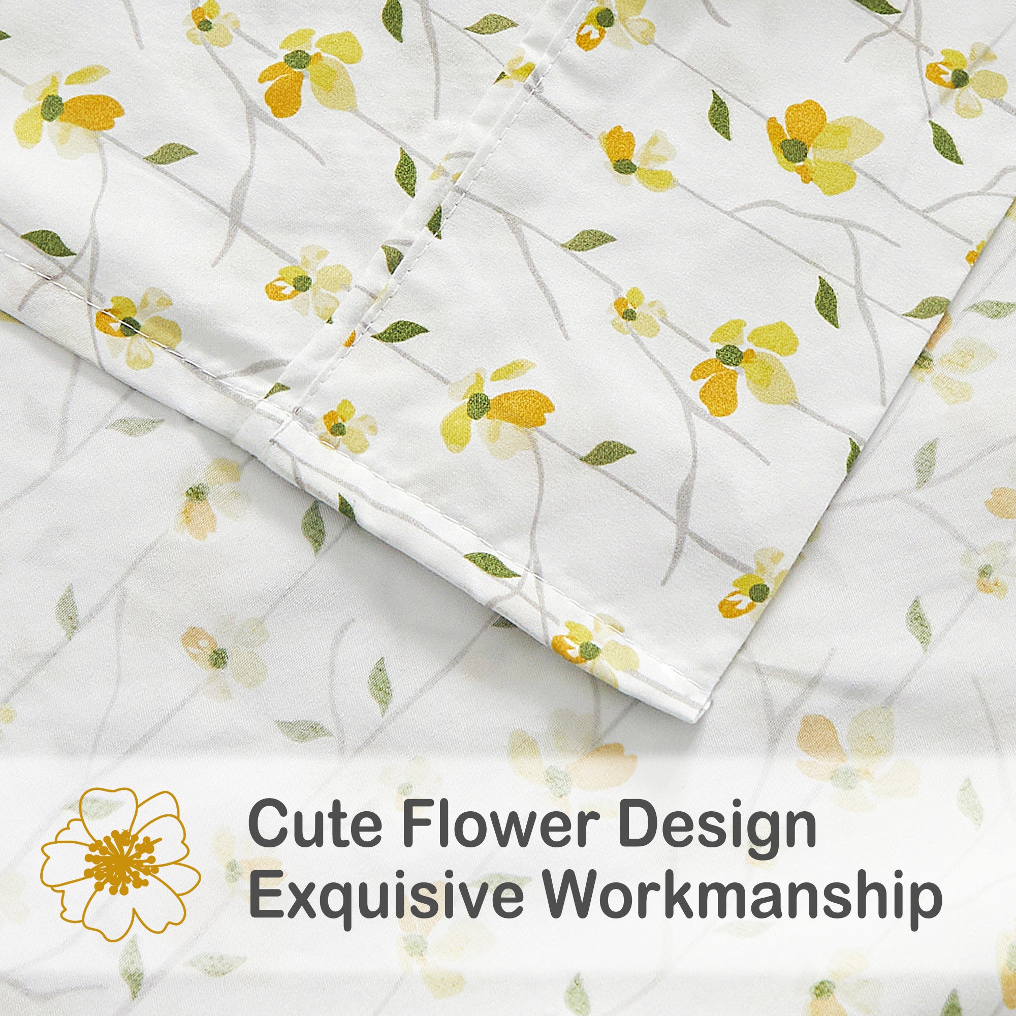 Lively Yellow Blossom Flower Pattern Bed Sheet Set with Non-slip Straps