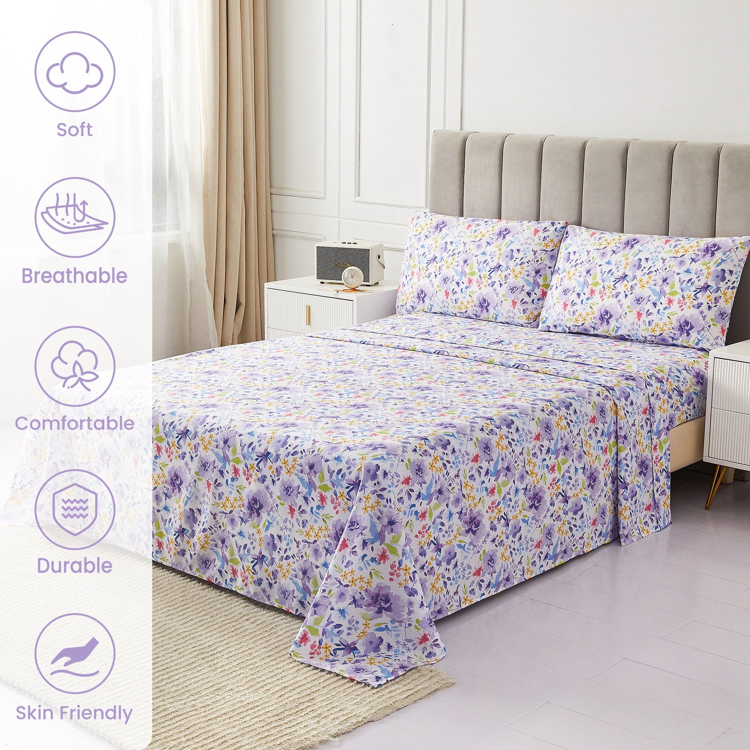 Purple Flower Bed Sheets Set