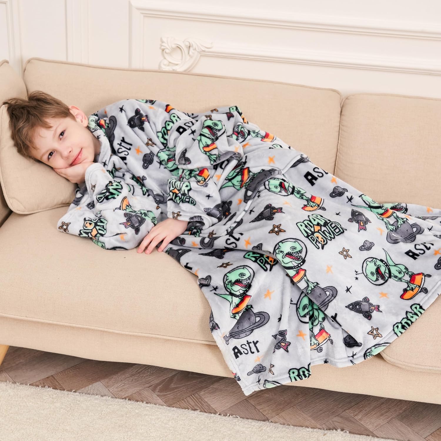Kids Snuggies Wearable Fleece Blanket with Sleeves & Foot Pocket for Kids Boys Girls Children,Lightweight Soft Blanket with Sleeves and Hook & Loop 48" x 48" Dinosaur