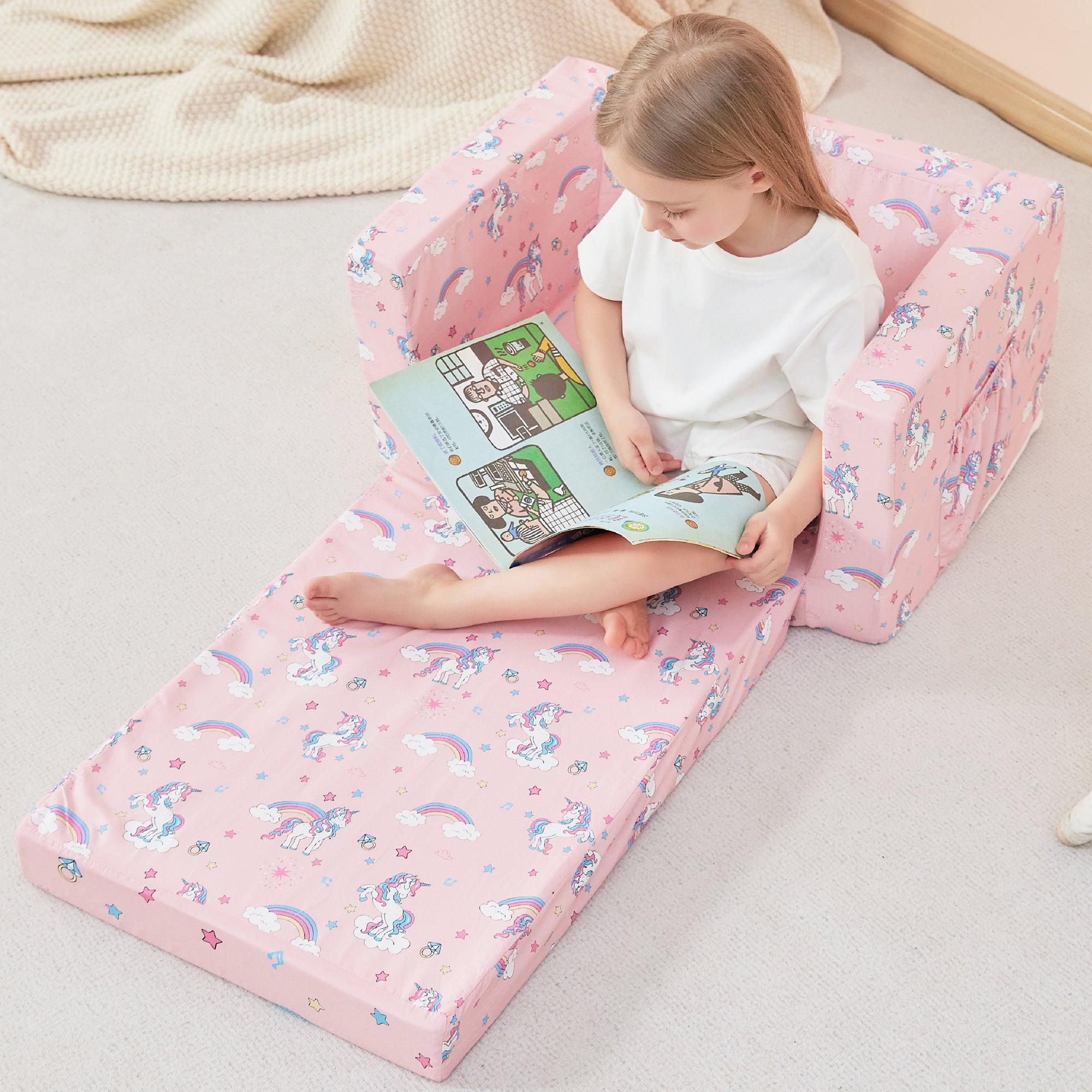 Pink Unicorn  2-in-1  Kids Sofa for Toddler Convertible Sofa to Lounger Bed
