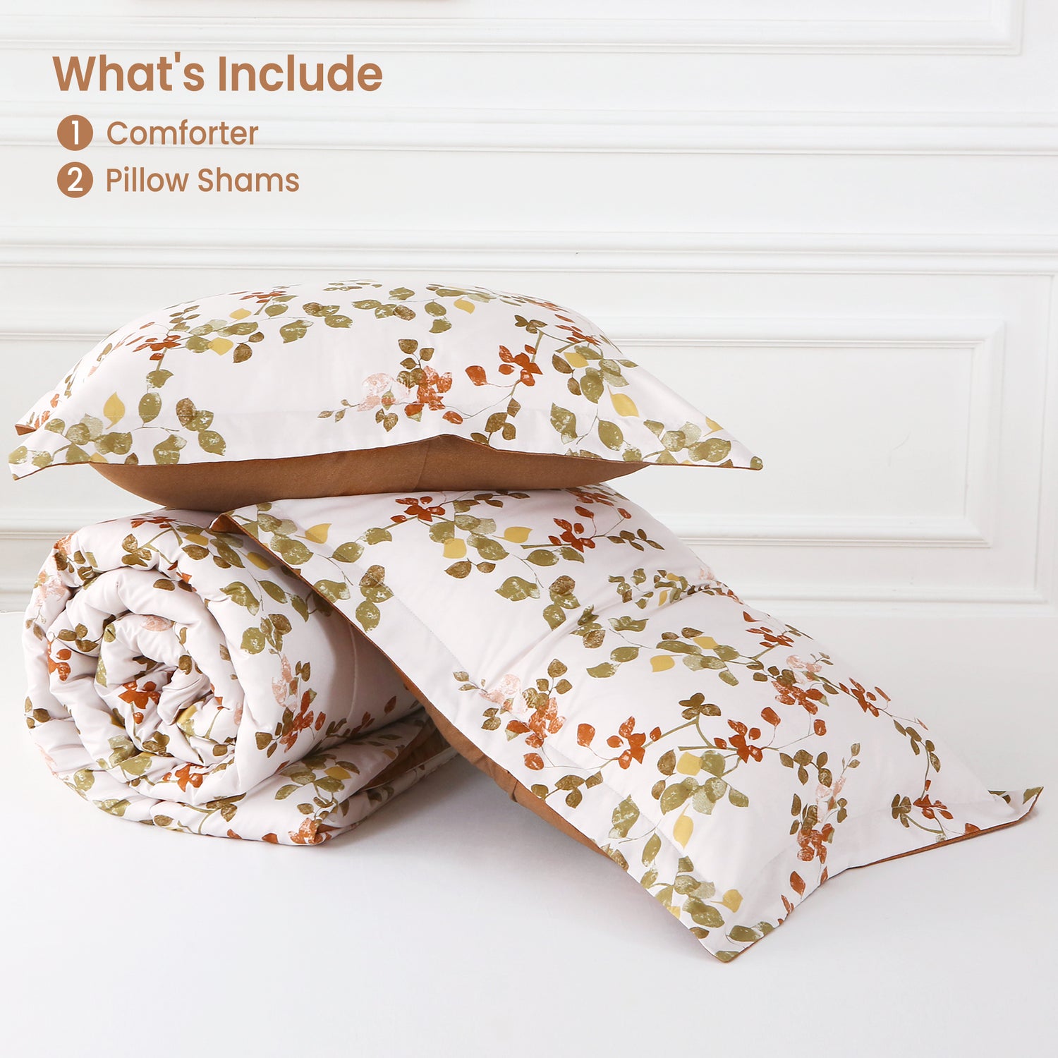 Green Khaki Leaves 3 Pieces Comforter Sets with Pillow Shams