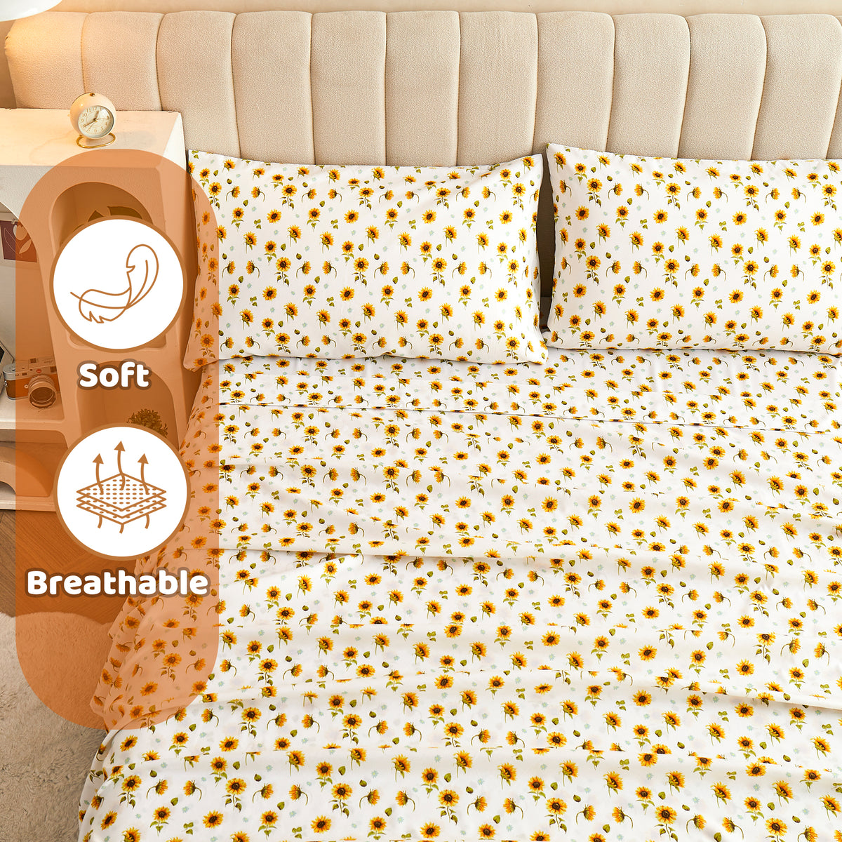 Sunflower Patterned Bed Sheet Set with Non-Slip Straps