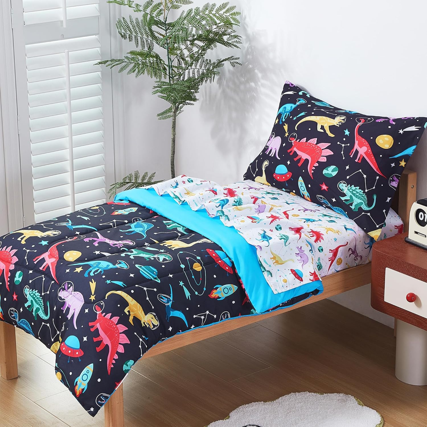 Space Dinosaur Printed Toddler Comforter Set– 4 Piece