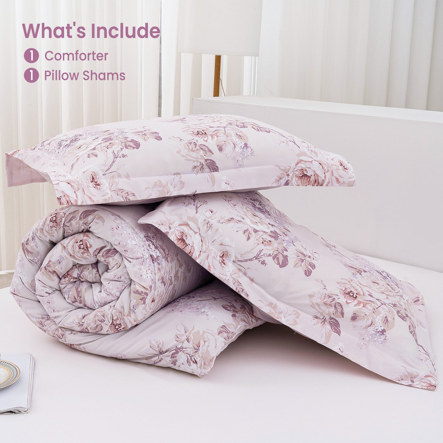 Pink Flower 3 Pieces Comforter Sets with Pillow Shams