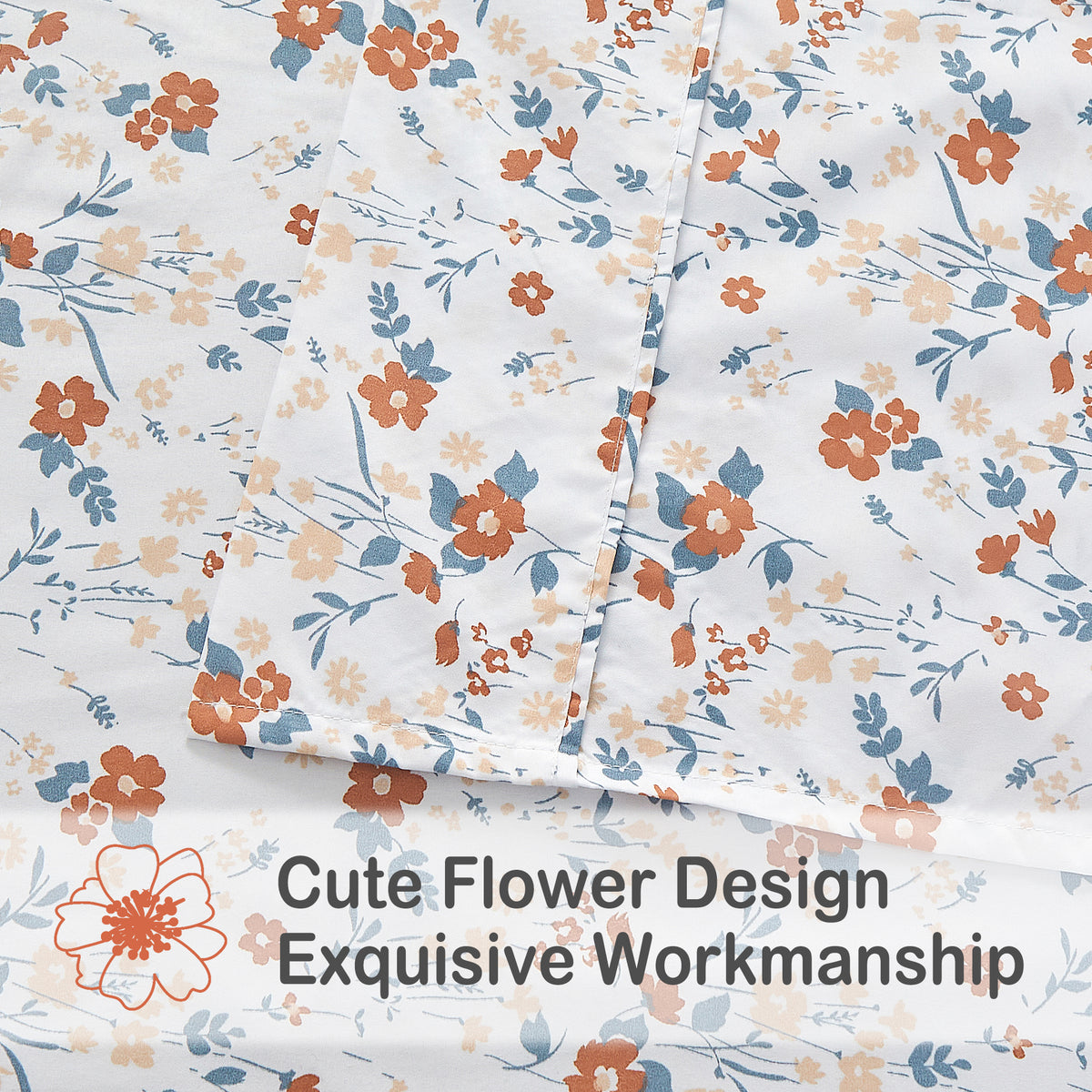 Warm Rust Blossom Bed Sheet Set Deep Pocket Double Brushed Microfiber