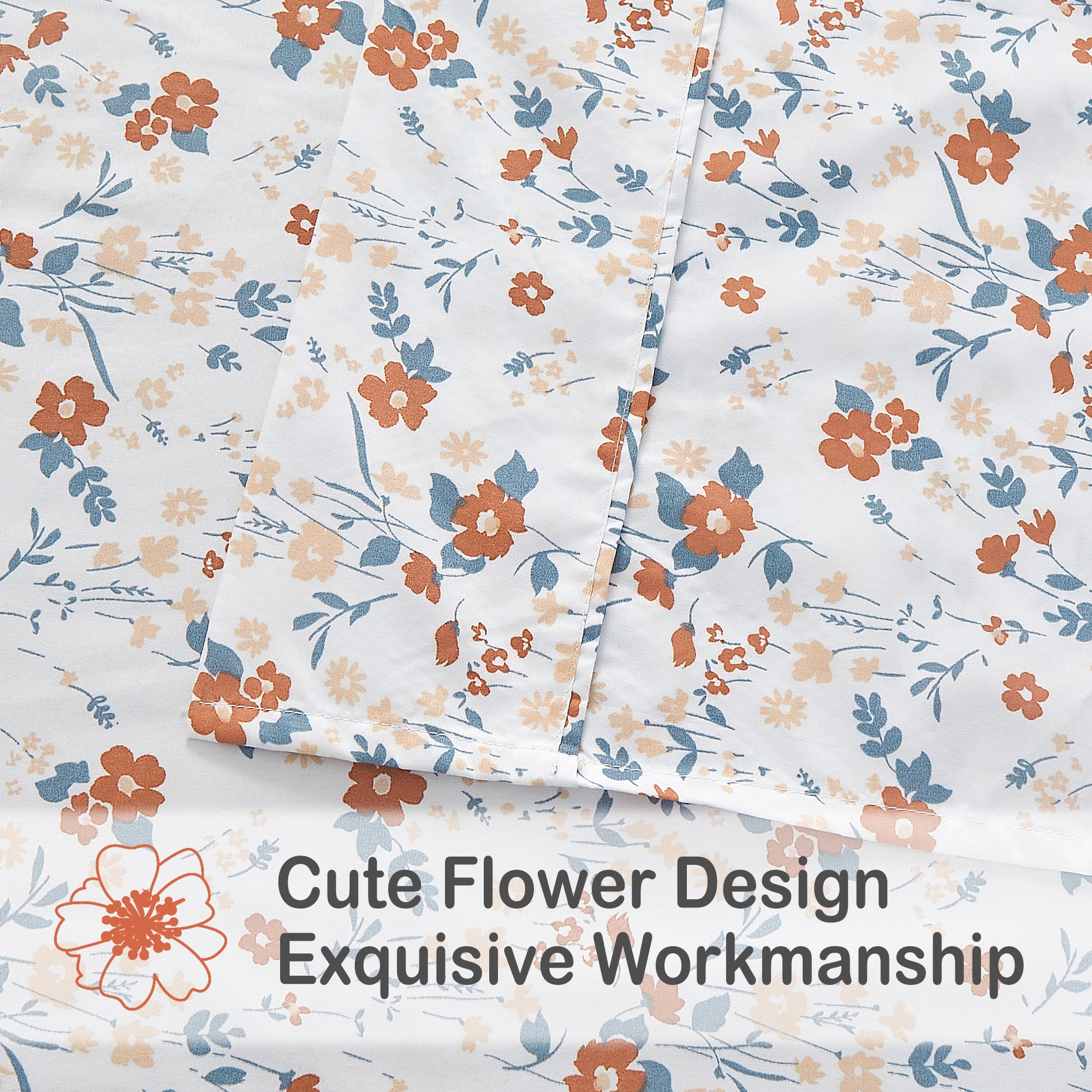 Sweet - Hued Petite Orange Flower Pattern Bed Sheet Set with Non-slip Straps