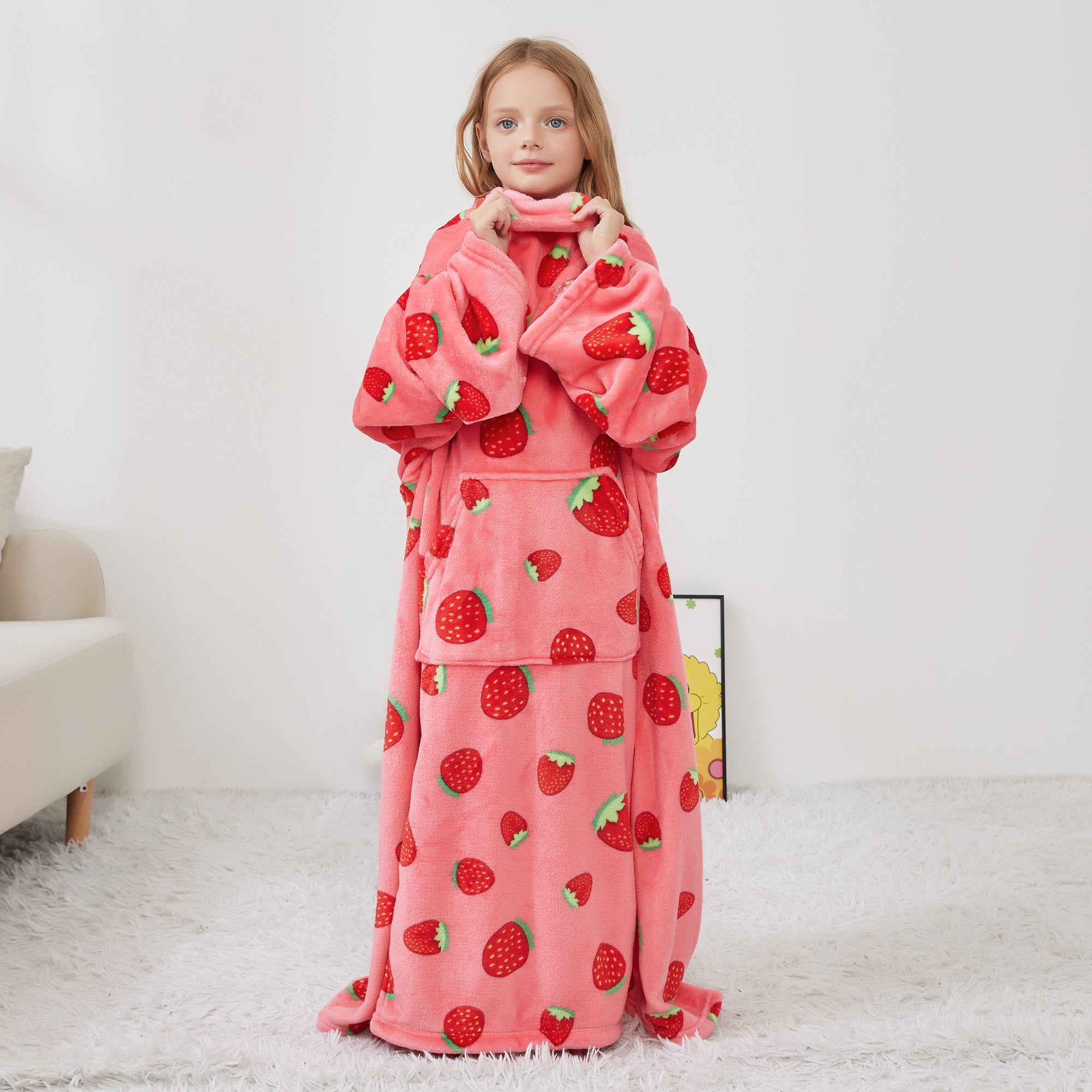 Strawberry Wearable Fleece Blanket with Sleeves & Foot Pocket for Kids