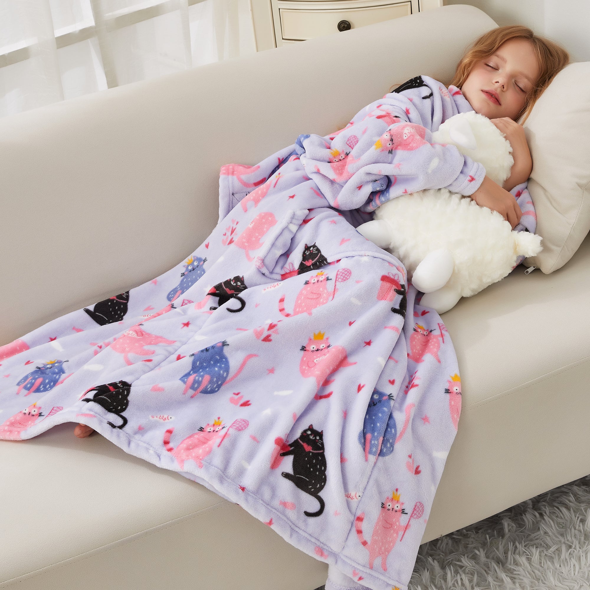 Cat Wearable Fleece Blanket with Sleeves & Foot Pocket for Kids