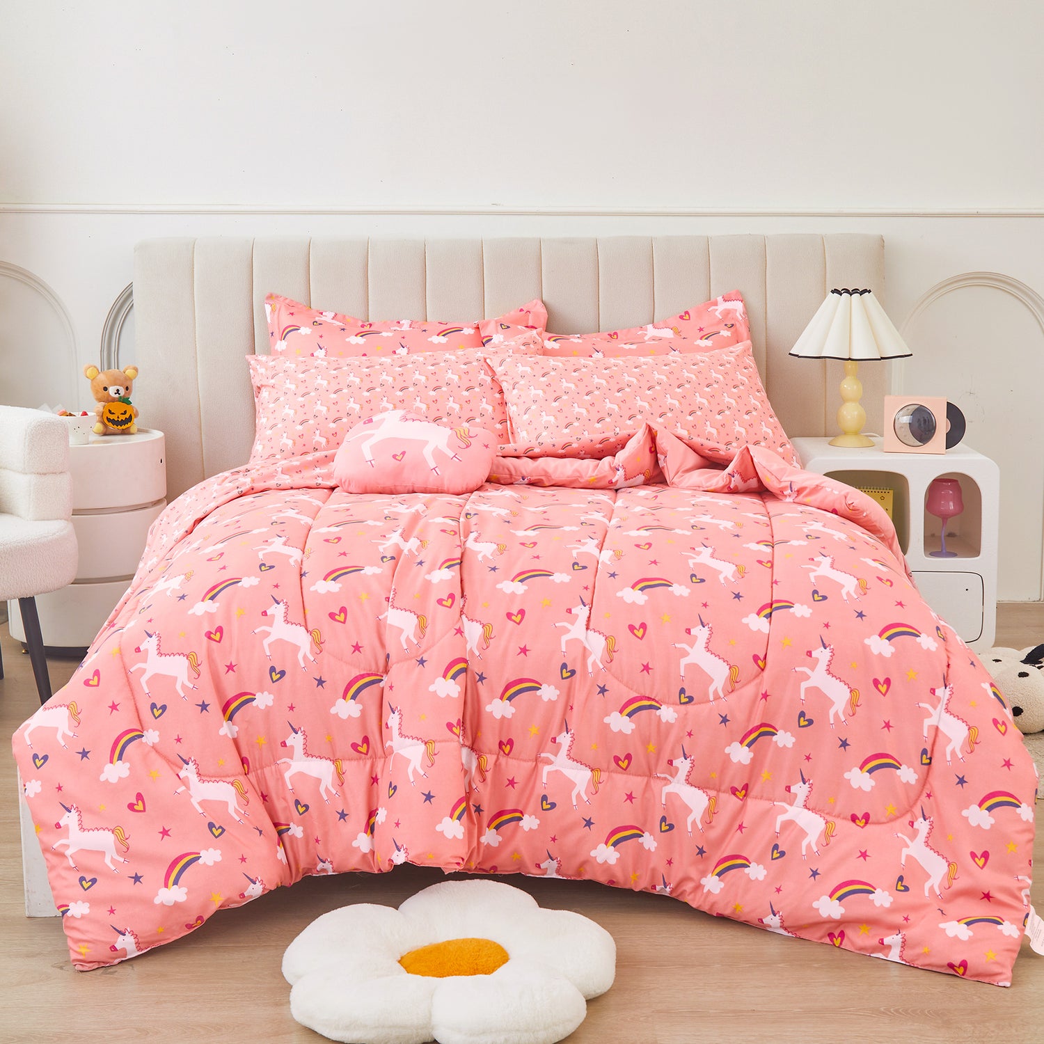 Pink Unicorn Rainbow 6/8 Pcs Comforter Sets for Girls Kids