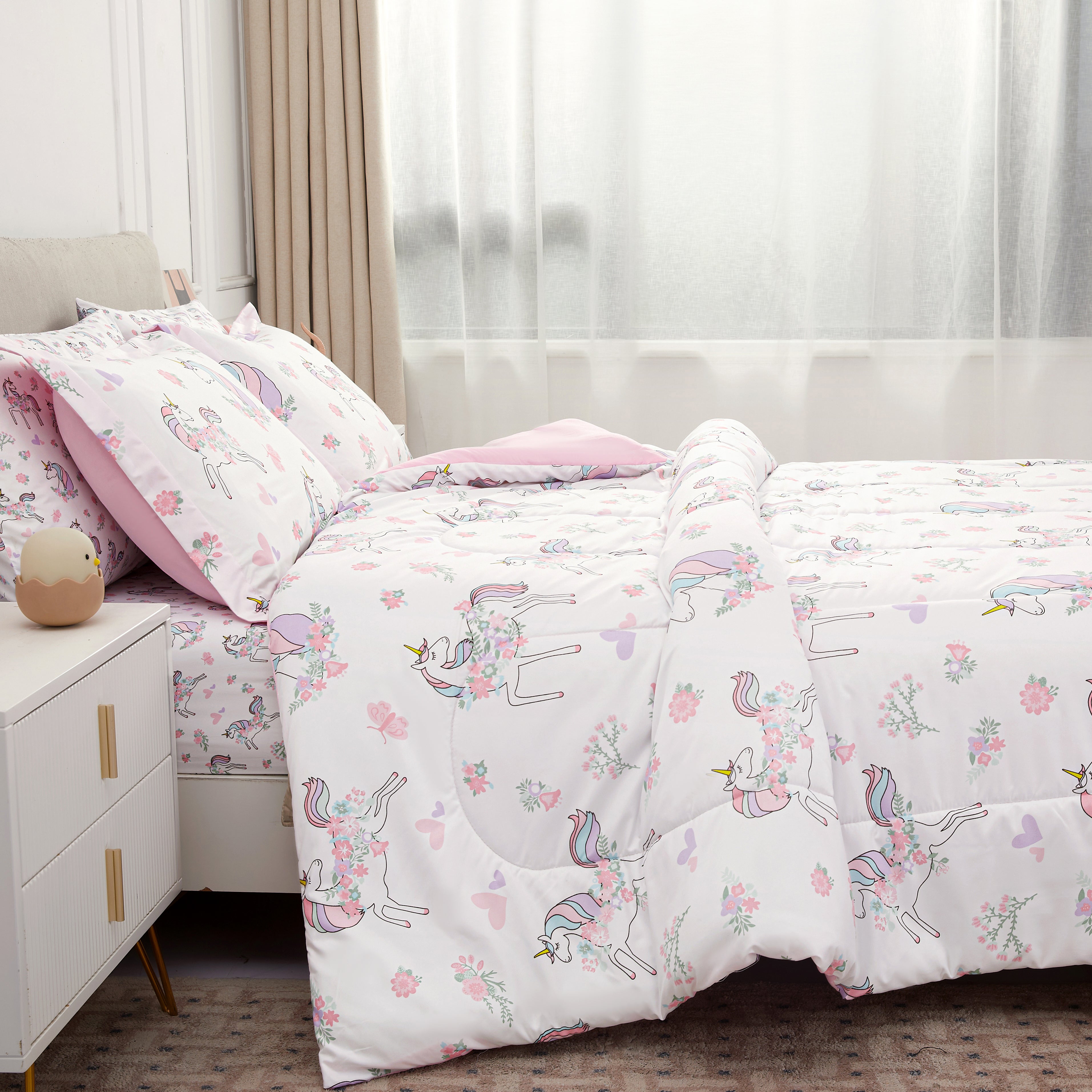 Dreamy Unicorn Floral Bedding Set for Kids– 5 or 7 Piece Options