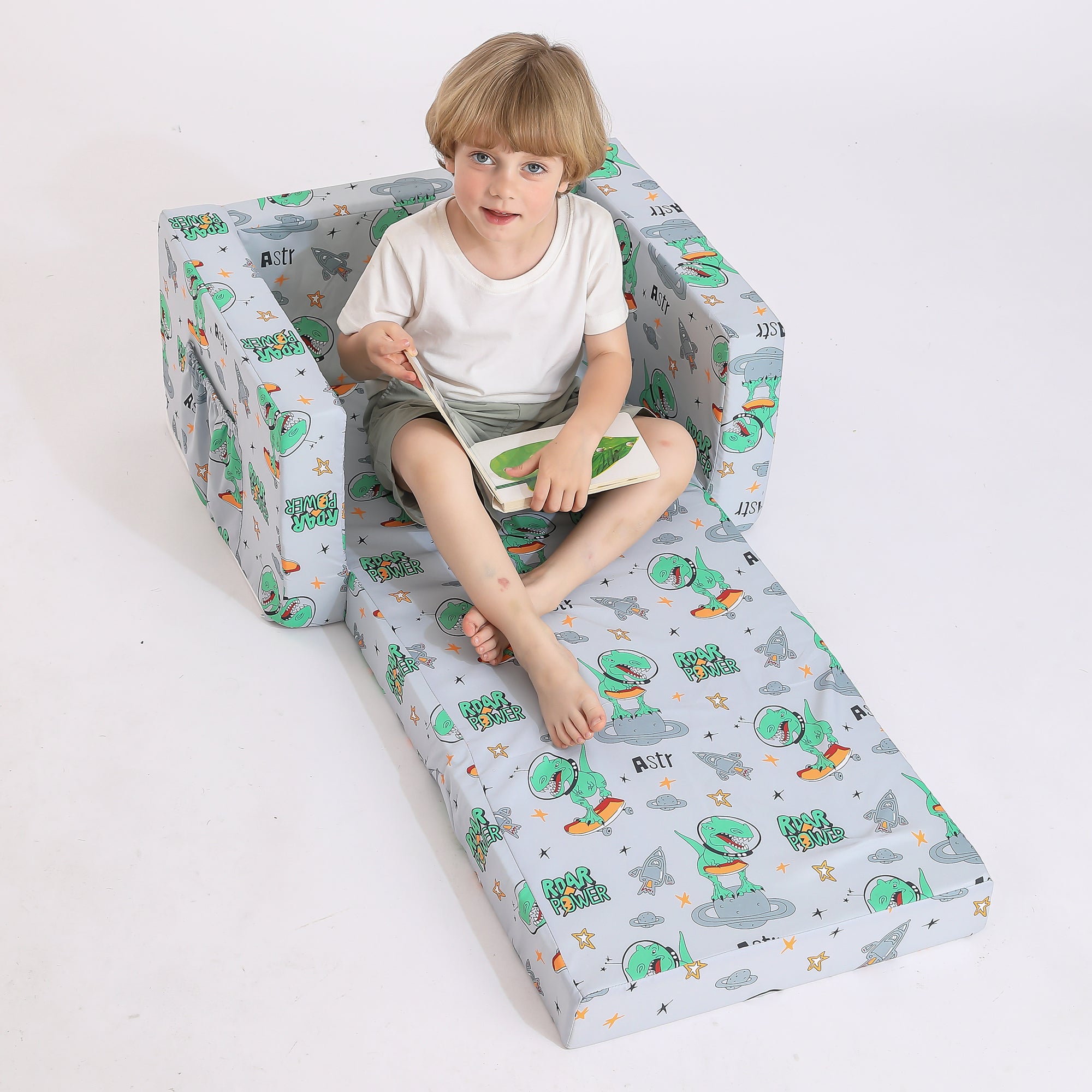 Gray Dinosaur 2-in-1 Kids Sofa for Toddler Convertible Sofa to Lounger