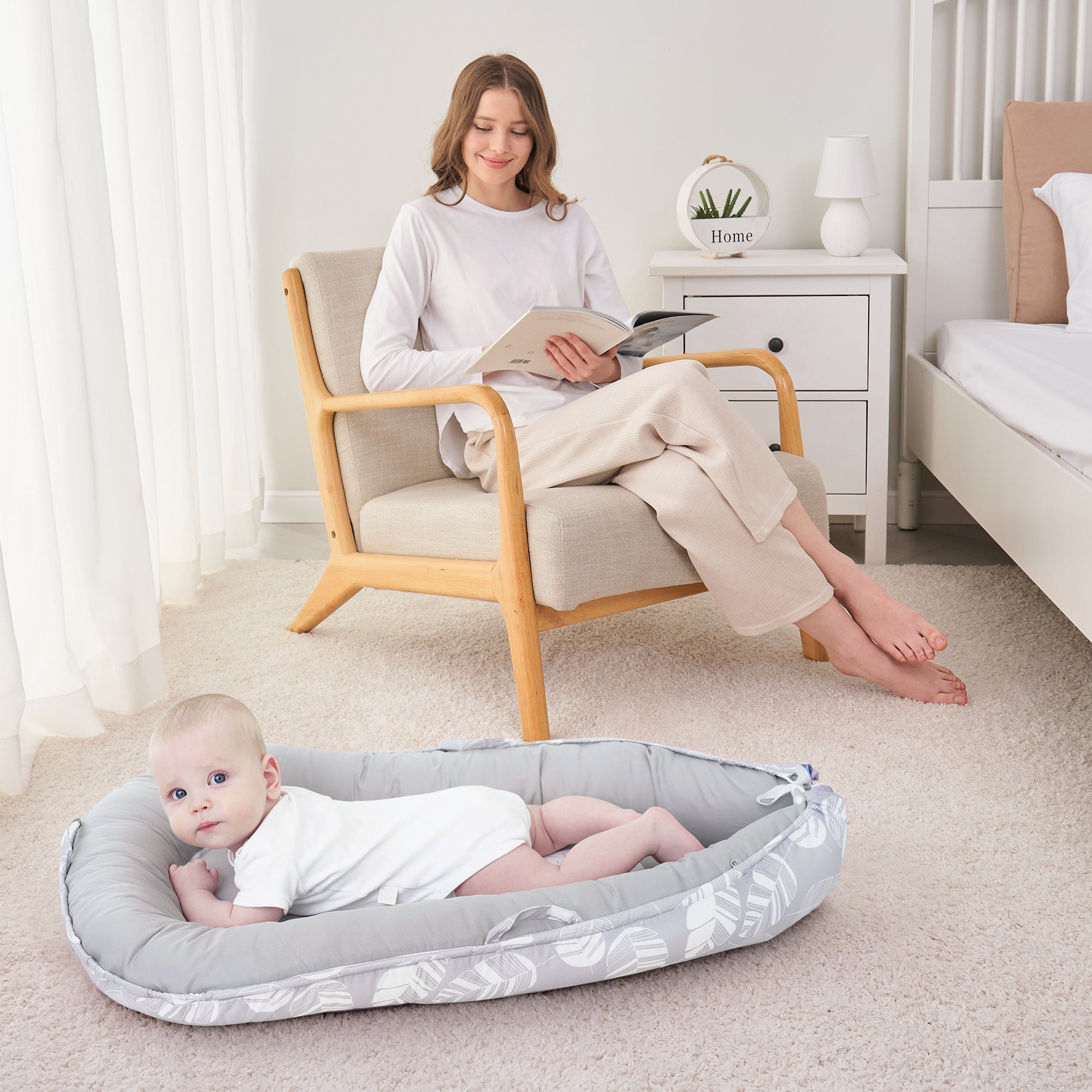 White Feather Baby Lounger - Baby Nest Co Sleeper for Baby Bed, Soft & Breathable Portable Cotton Newborn Lounger Nest for Crib Bassinet