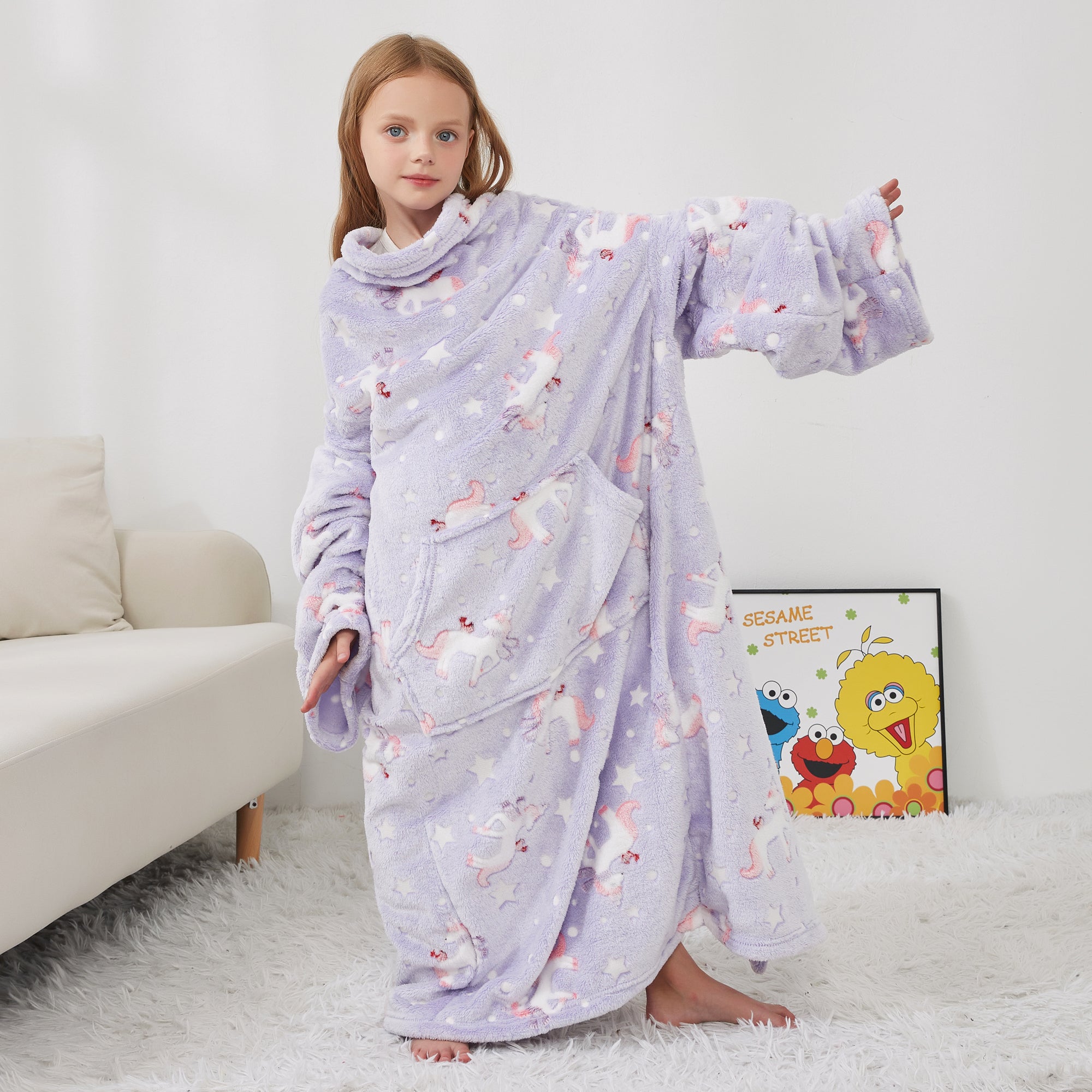 Glowing Unicorn Wearable Fleece Blanket with Sleeves & Foot Pocket for Kids