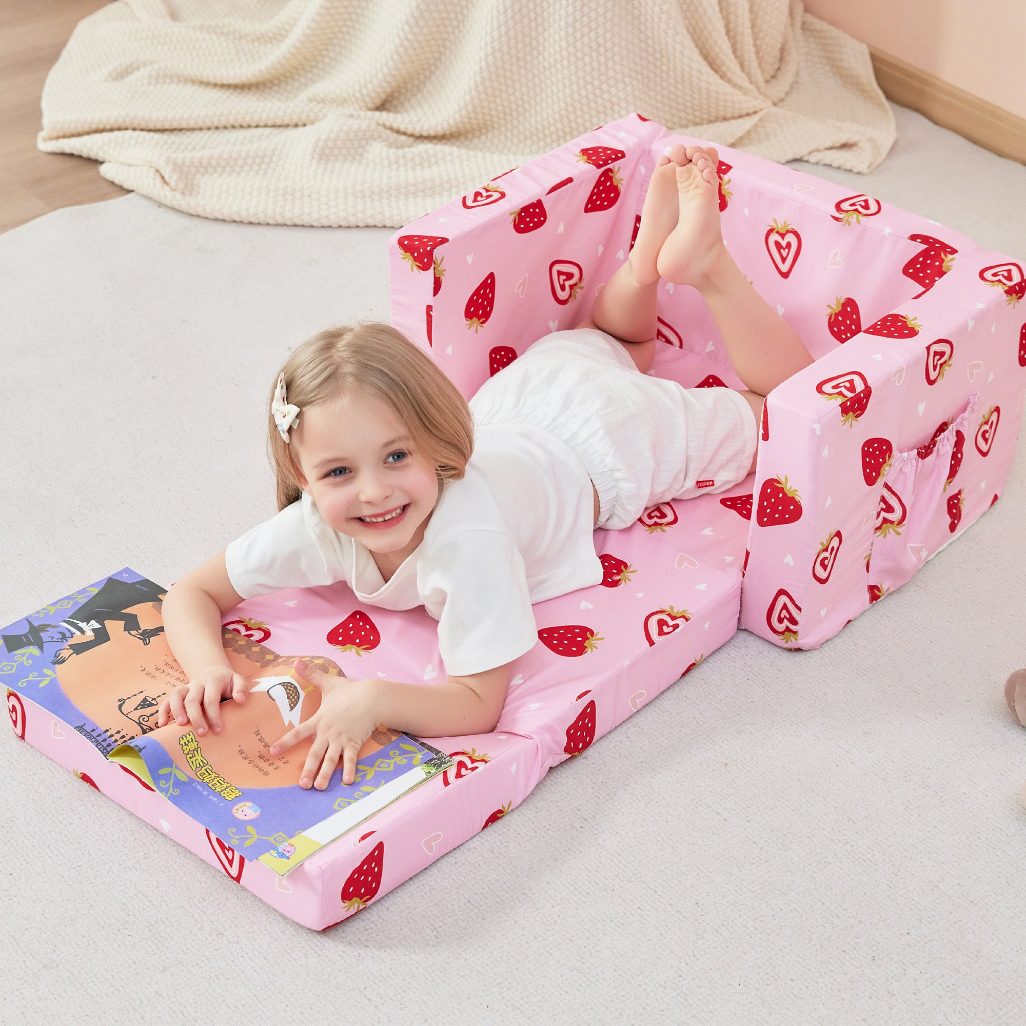 Pink Strawberry 2-in-1 Kids Sofa for Toddler Convertible Sofa to Lounger Bed