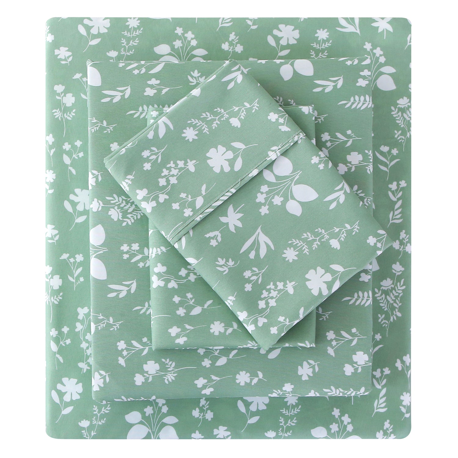 4 Piece Vintage Sage Green Flower Patterned Bed Sheets Set