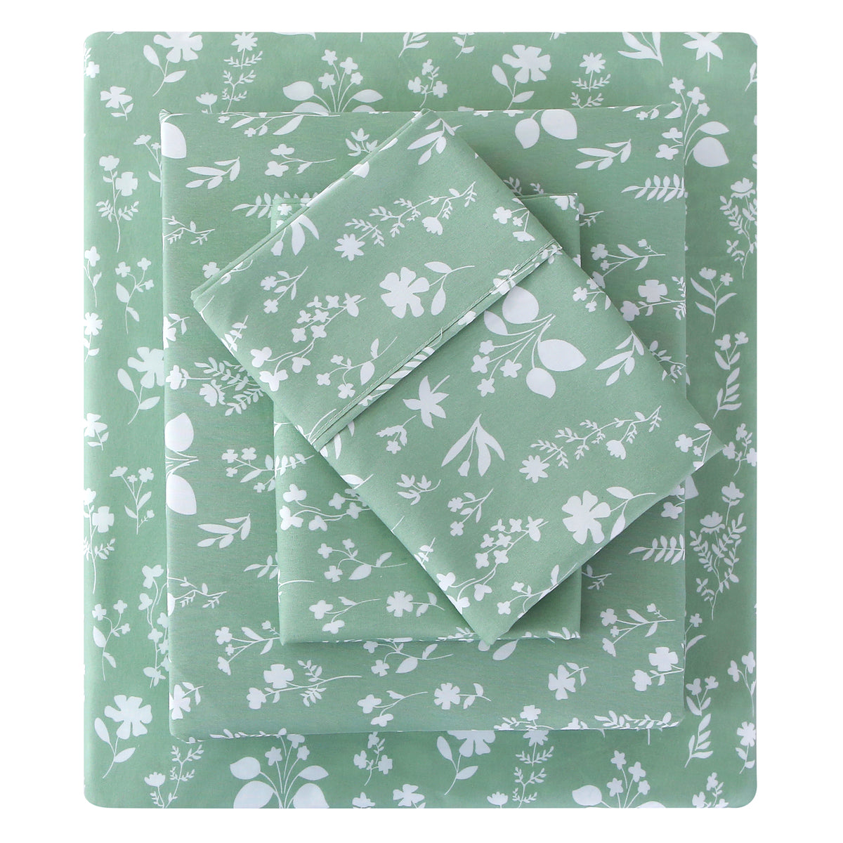 Sage Green Ditsy Floral Bed Sheet Set Deep Pocket Double Brushed Microfiber