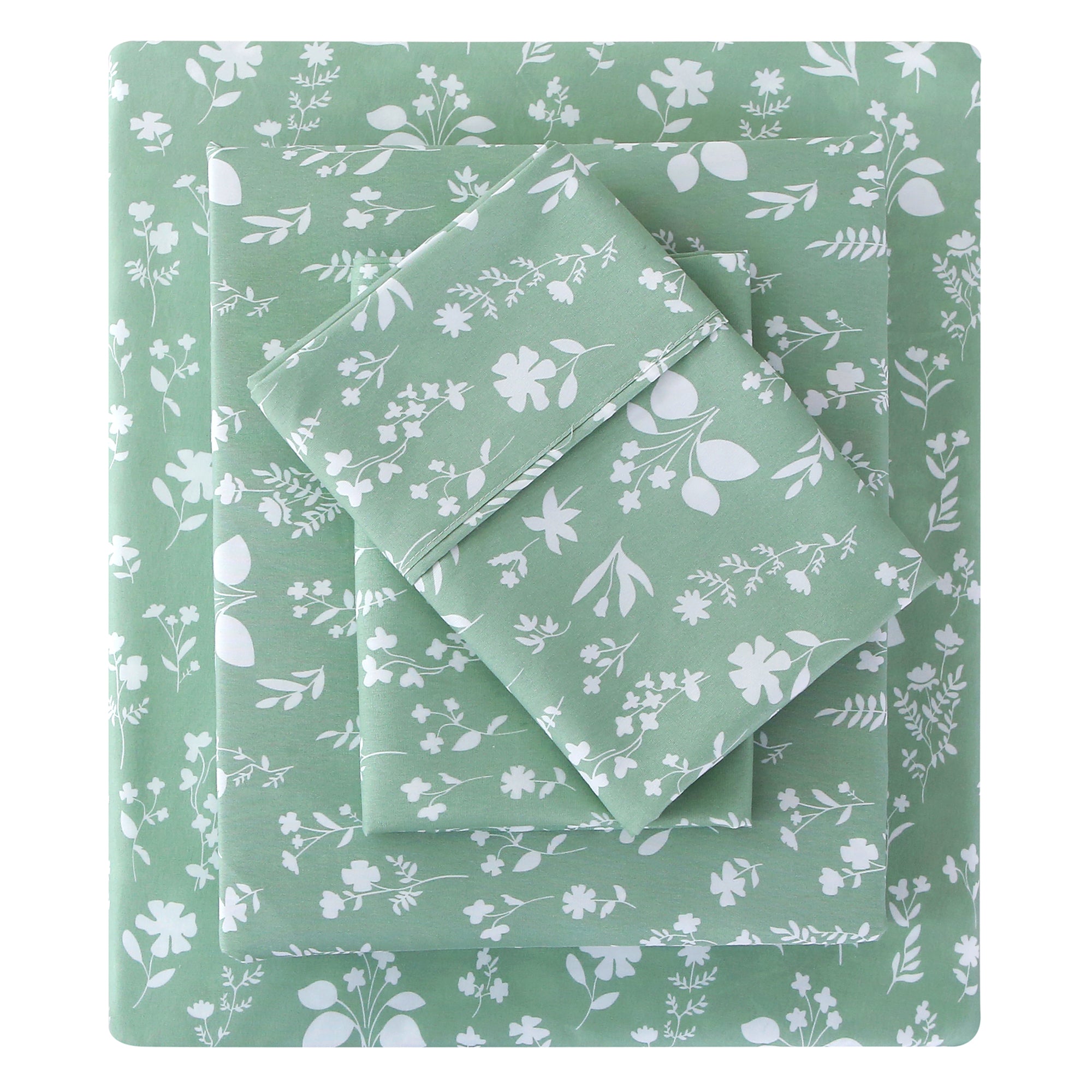 4 Piece Vintage Sage Green Flower Patterned Bed Sheets Set