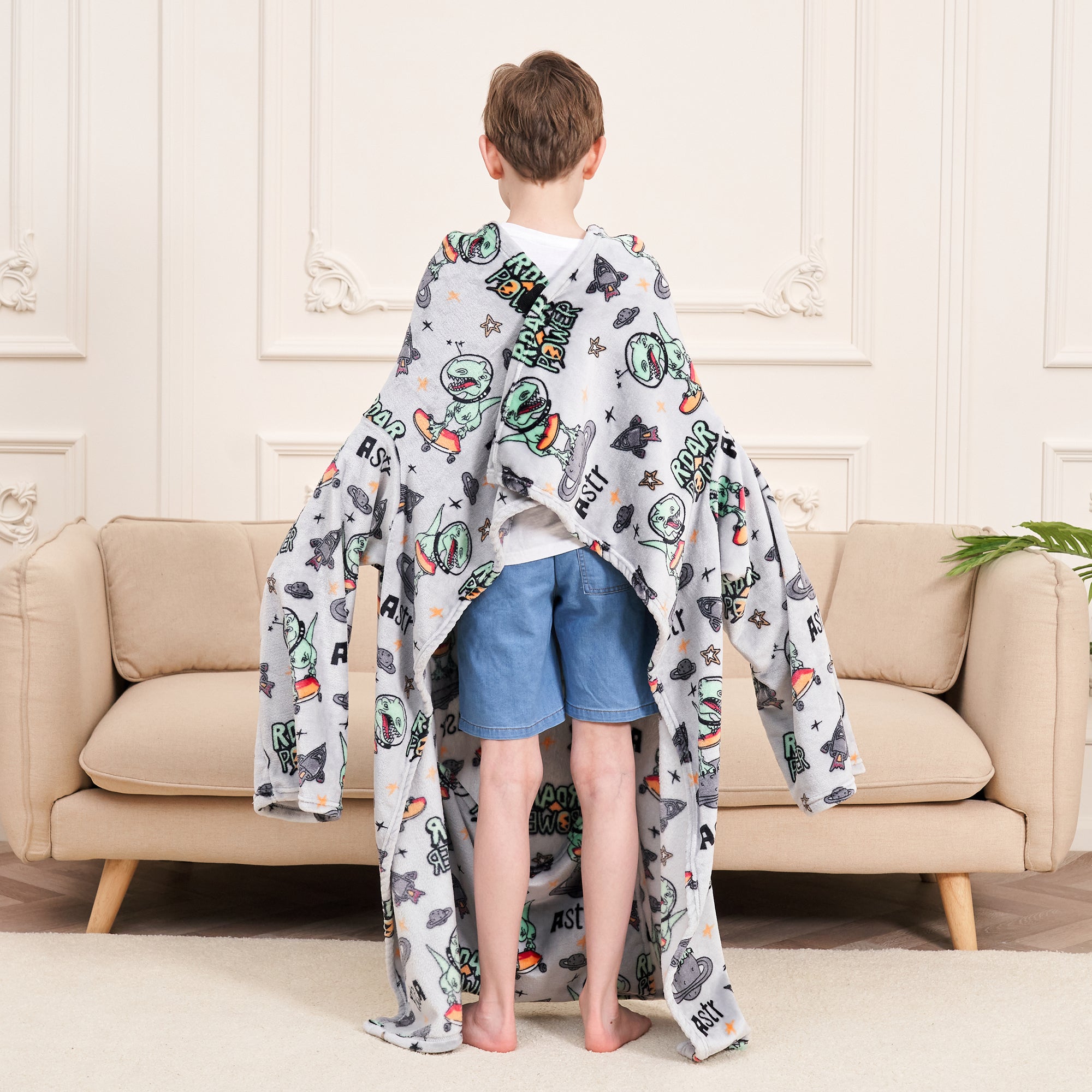 Dinosaur Wearable Fleece Blanket with Sleeves & Foot Pocket for Kids