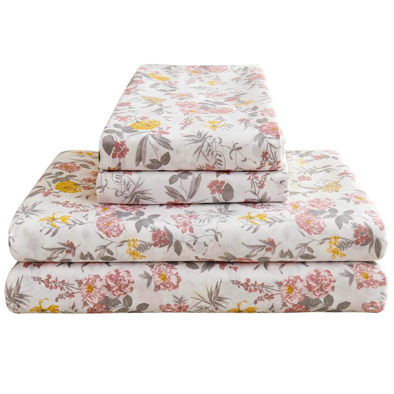 4 Piece Vintage Pink & Yellow Flower Patterned Bed Sheets Set