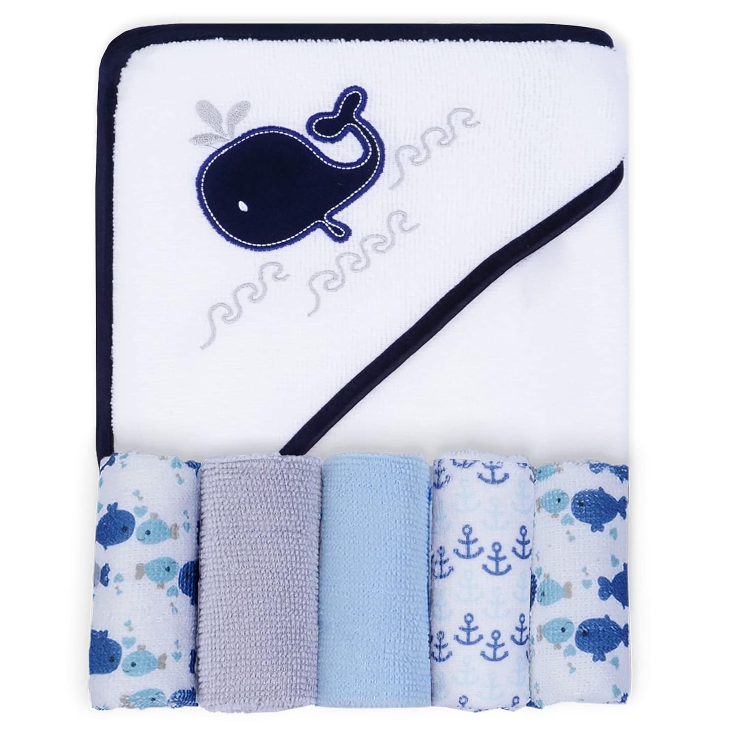 Whale Baby Hooded Towel and Washcloth Set 6-Pack Size 30 x 26 Inch