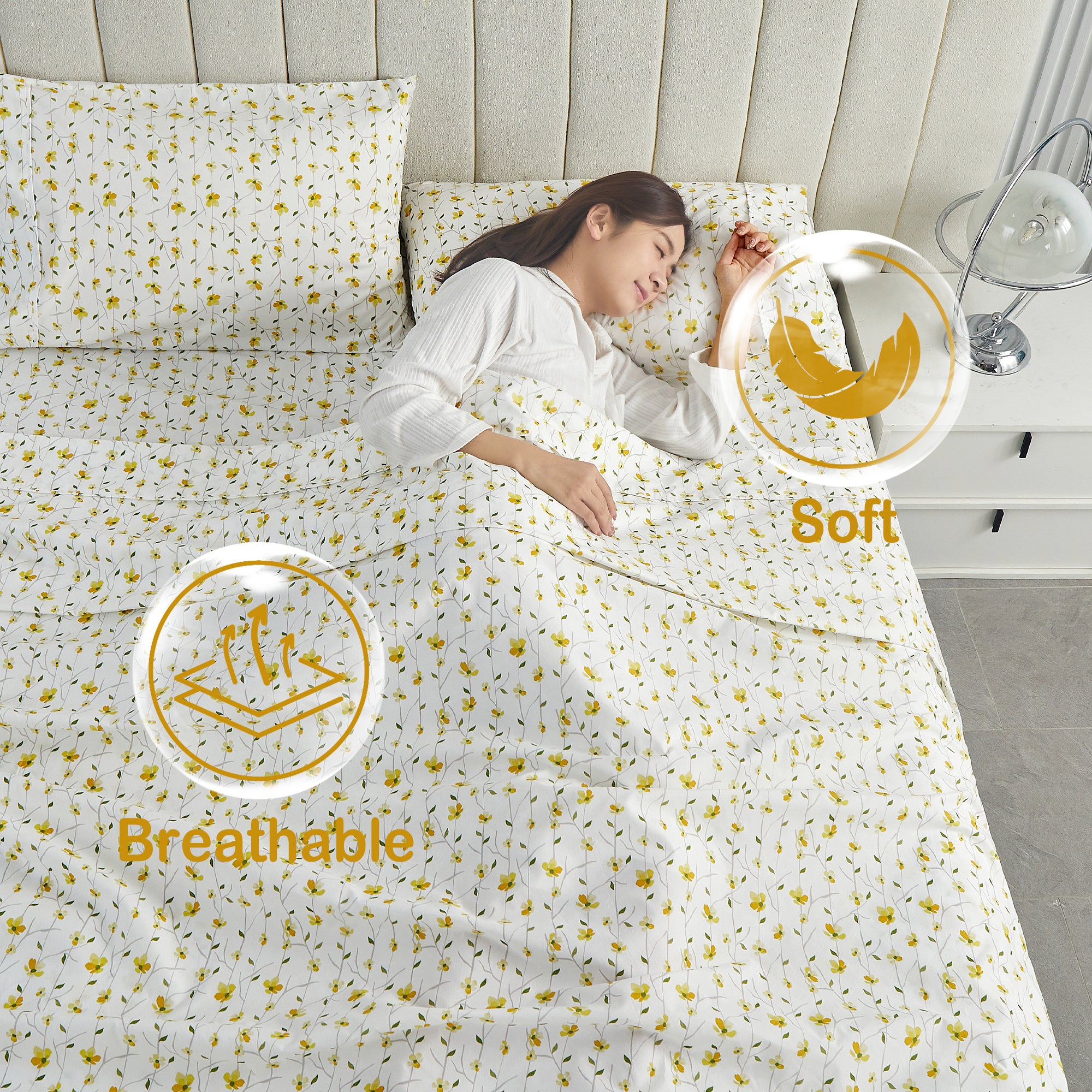 Lively Yellow Blossom Flower Pattern Bed Sheet Set with Non-slip Straps