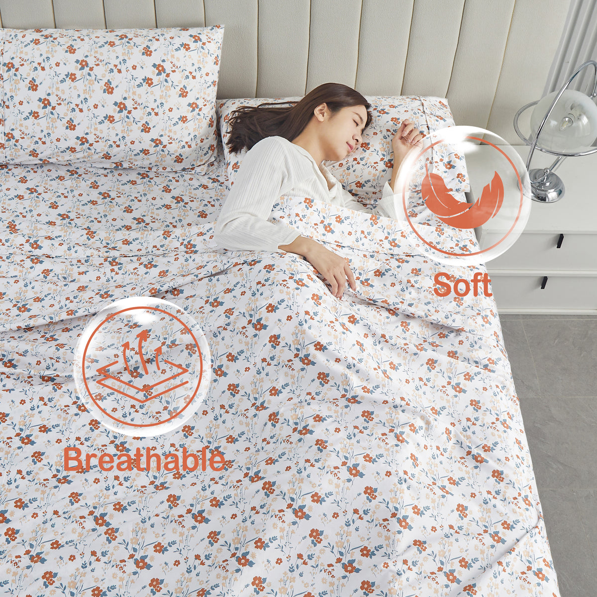 Warm Rust Blossom Bed Sheet Set Deep Pocket Double Brushed Microfiber