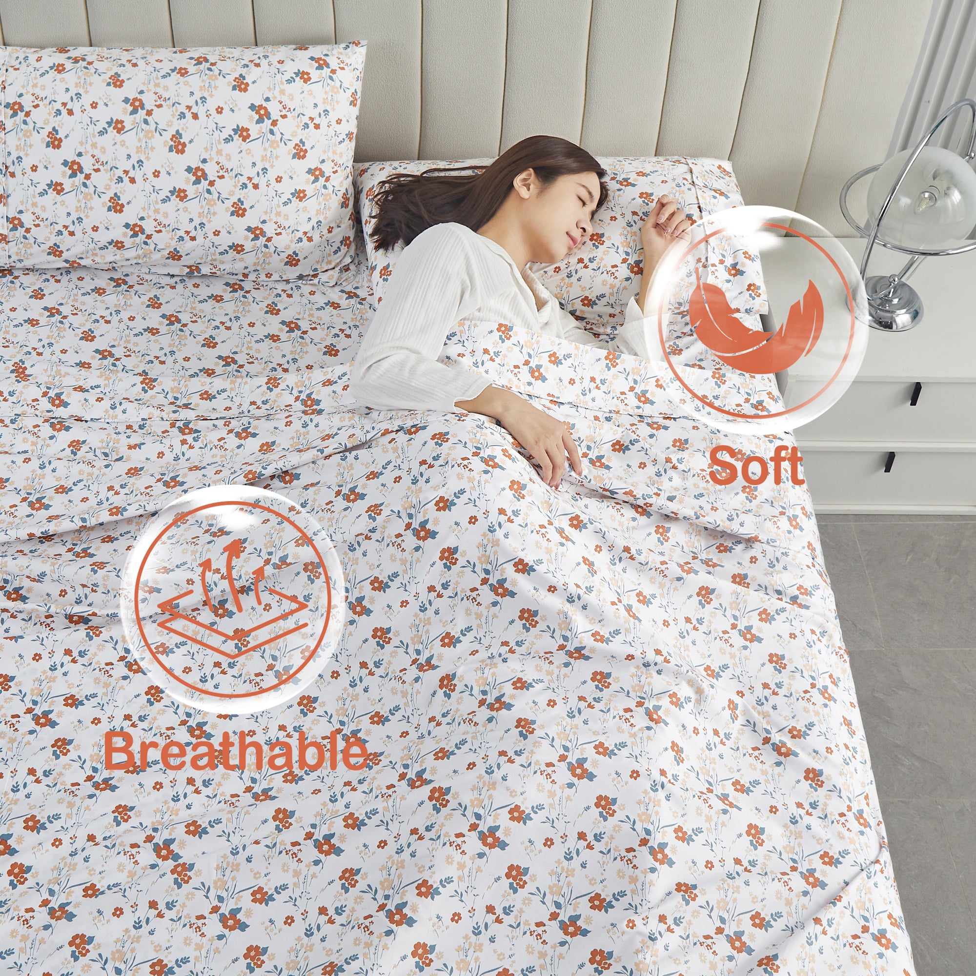 Sweet - Hued Petite Orange Flower Pattern Bed Sheet Set with Non-slip Straps
