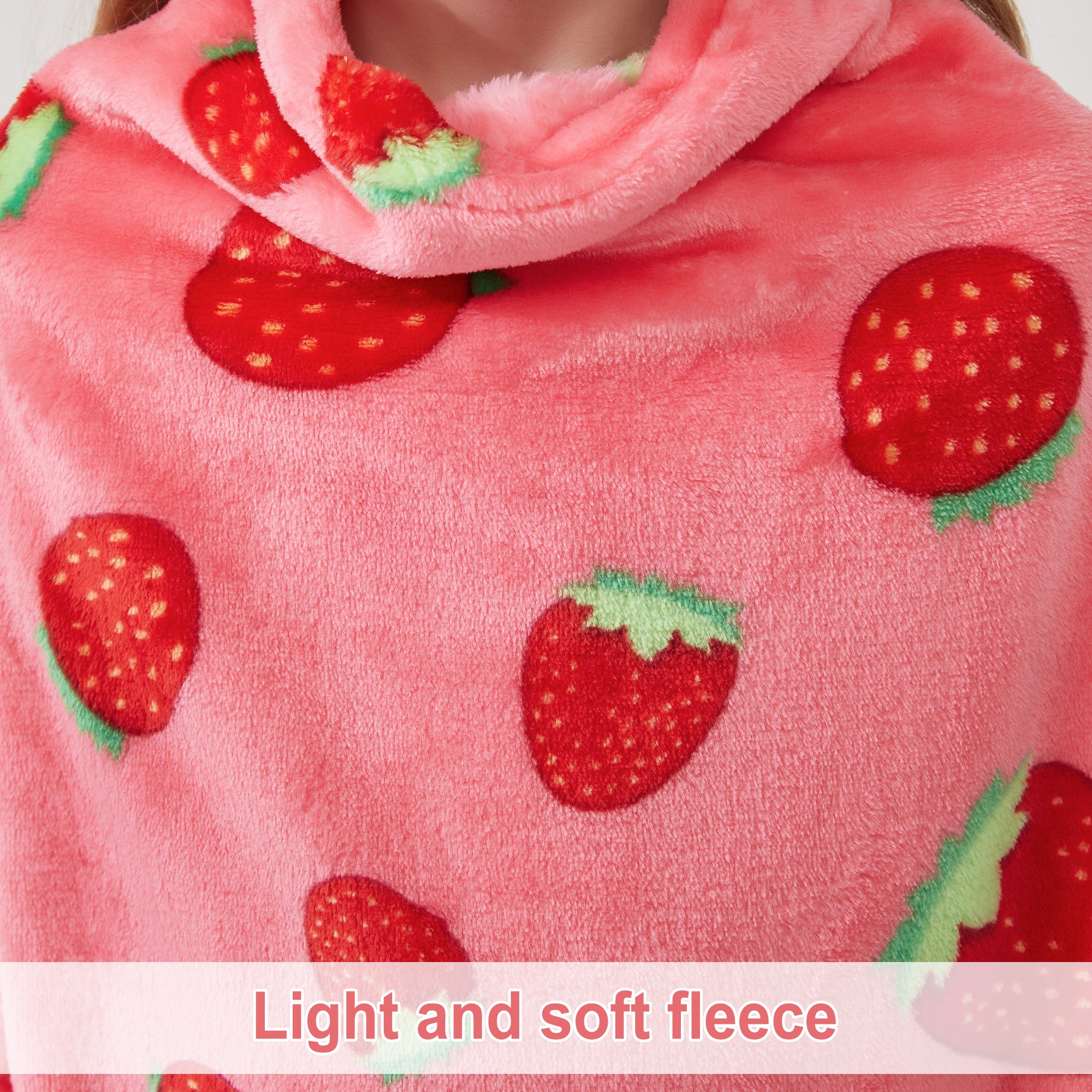 Strawberry Wearable Fleece Blanket with Sleeves & Foot Pocket for Kids