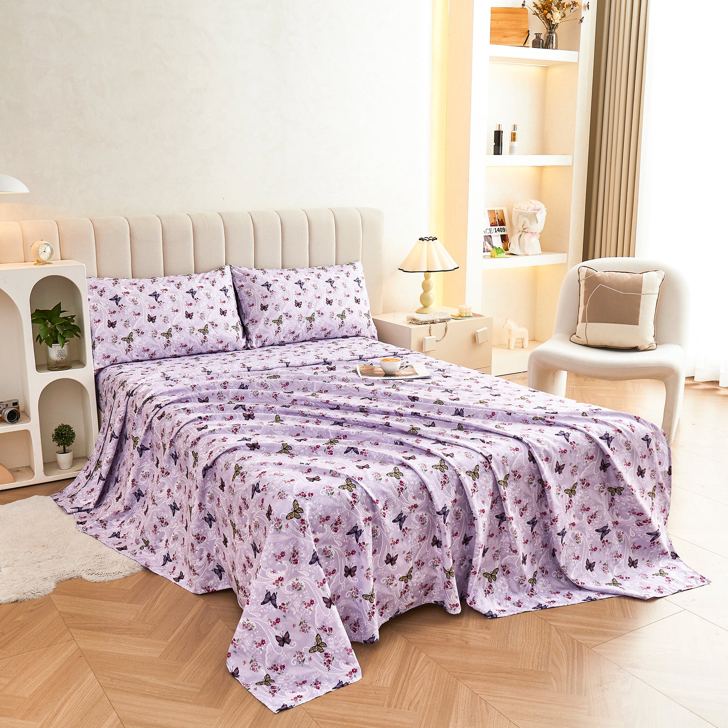 Lavender Butterfly Bed Sheet Set Deep Pocket Double Brushed Microfiber