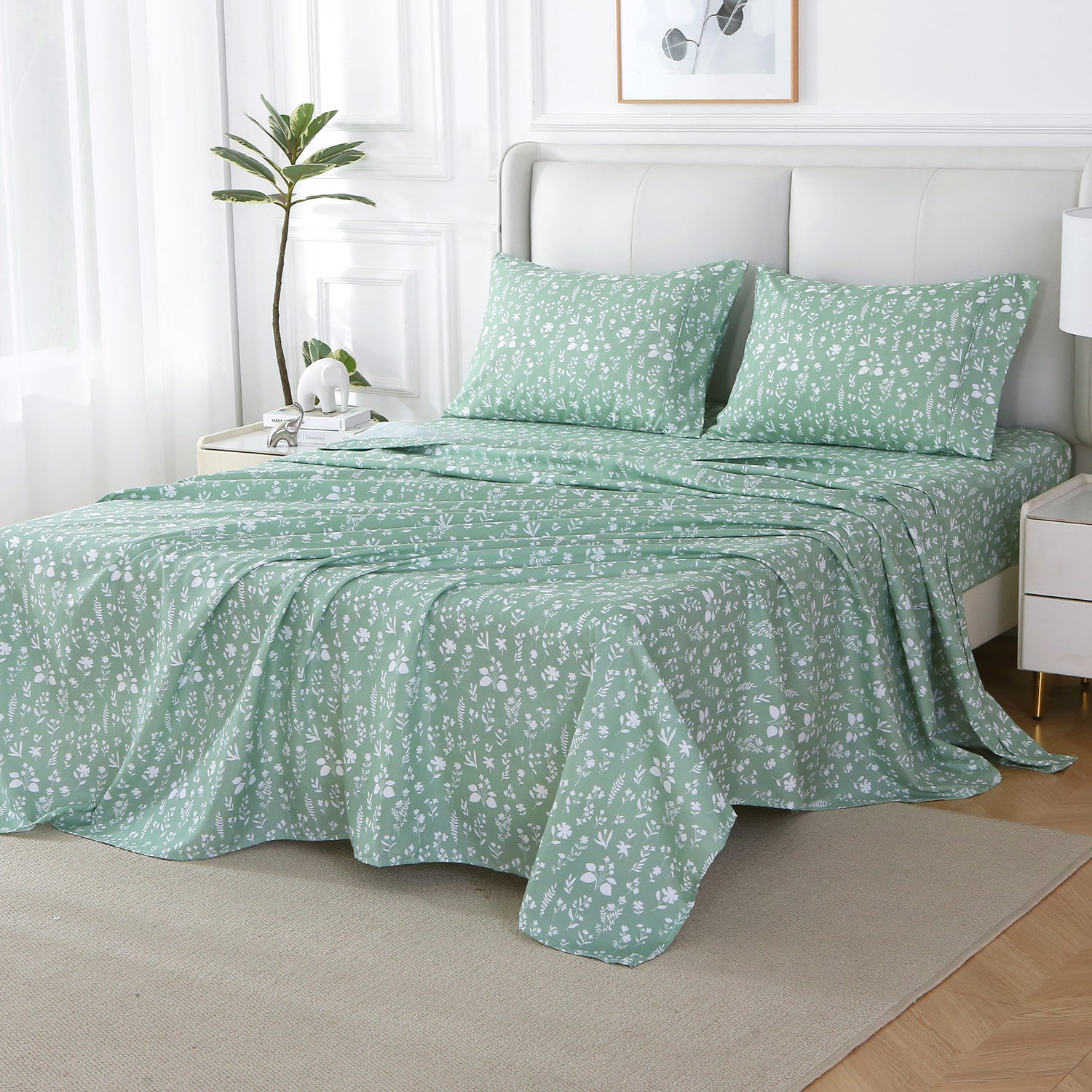 4 Piece Vintage Sage Green Flower Patterned Bed Sheets Set