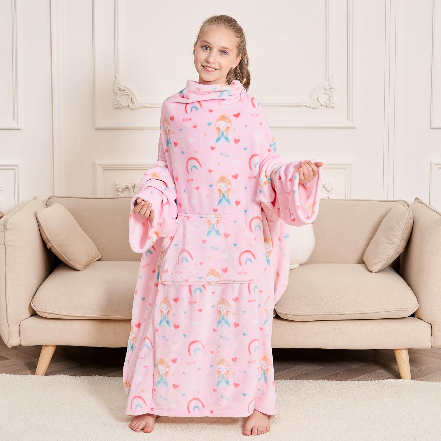 Princess Kids Snuggies Wearable Fleece Blanket with Sleeves & Foot Pocket for Kids Boys Girls Children,Lightweight Soft Blanket with Sleeves and Hook & Loop 48" x 48"
