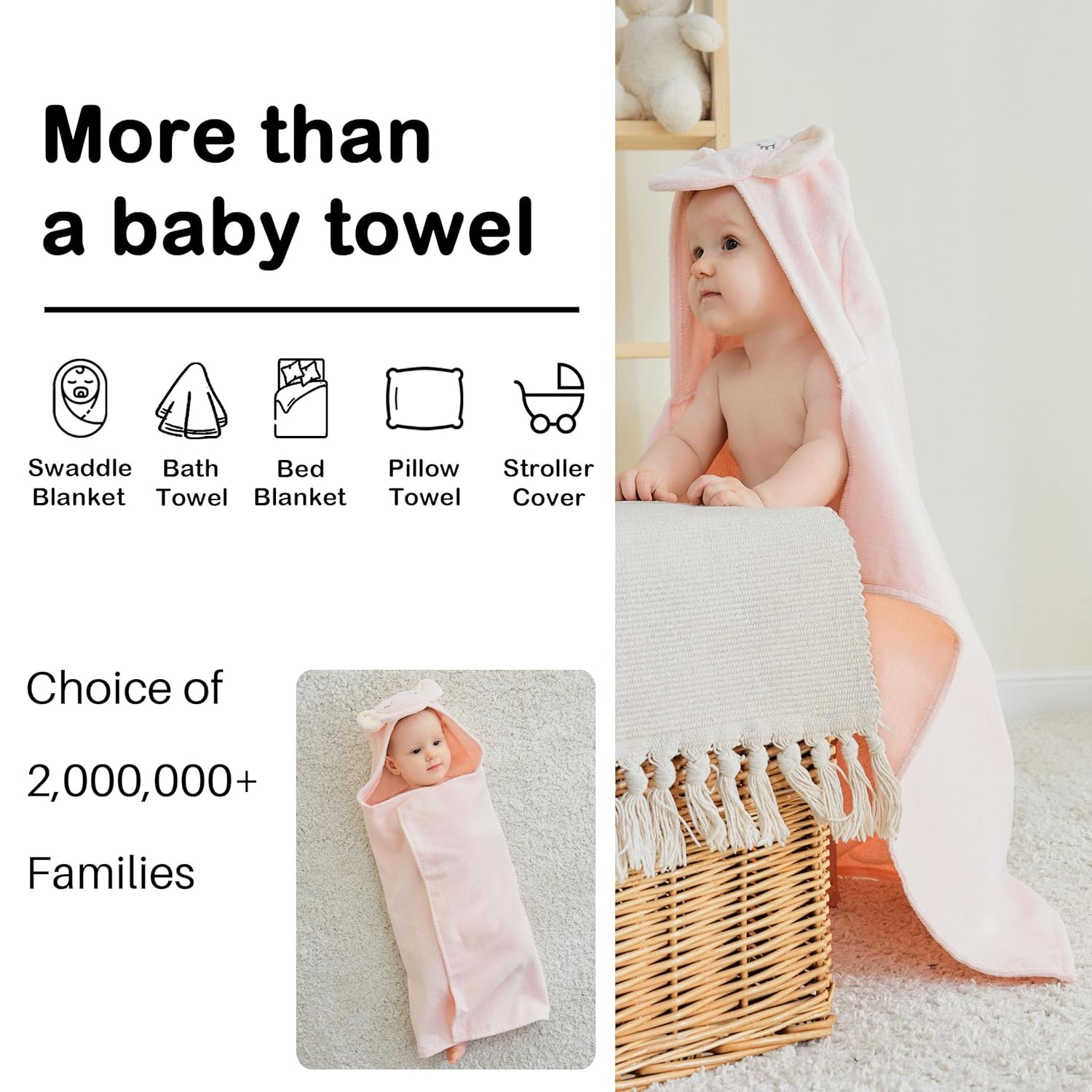 2 Pack Baby Hooded Towels, Premium Soft Cotton Baby Bath Towels with Hood, Extra Thick and Super Absorbent, Essential for Newborns, Infants and Toddlers (Pink Elephant & White Unicorn)